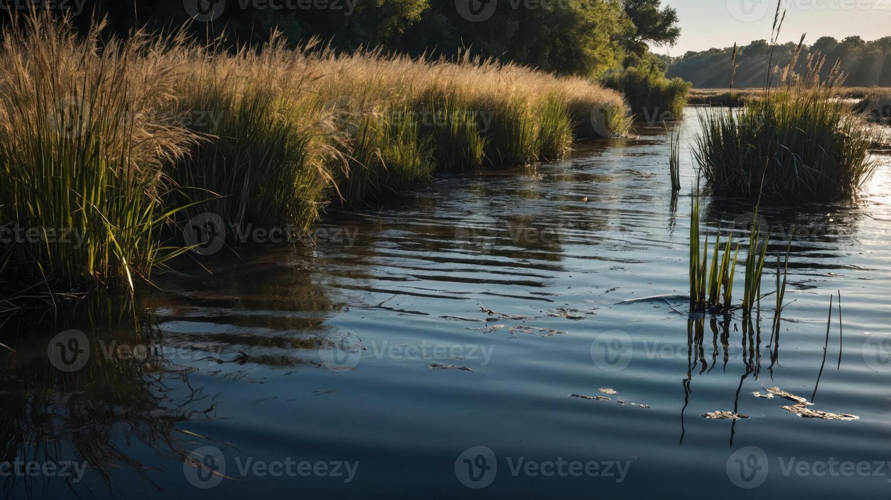 A serene waterway bordered by tall grass, reflecting the calmness of nature in soft morning light. photo