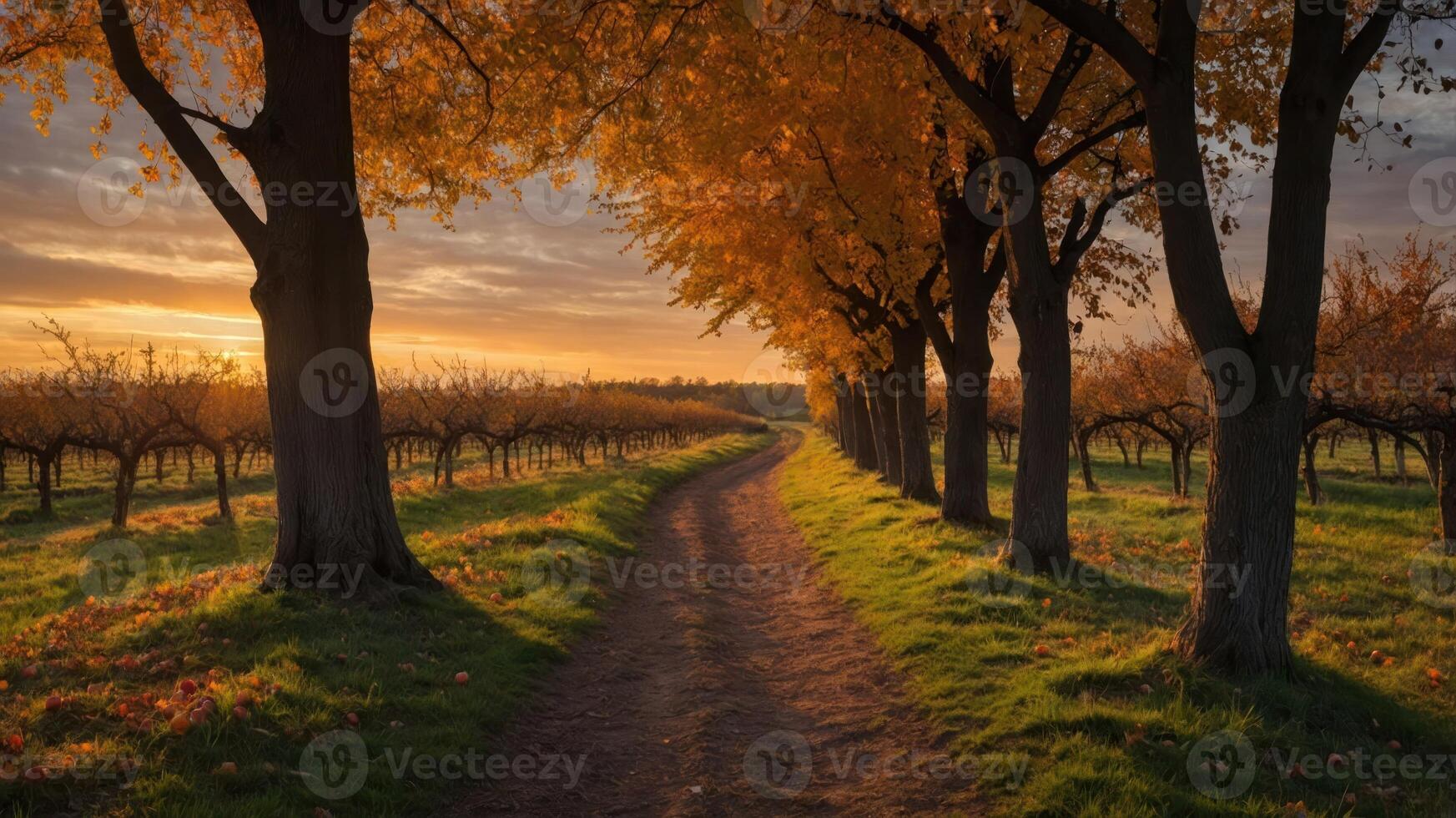 A serene pathway lined with autumn trees, leading through a tranquil landscape at sunset. photo