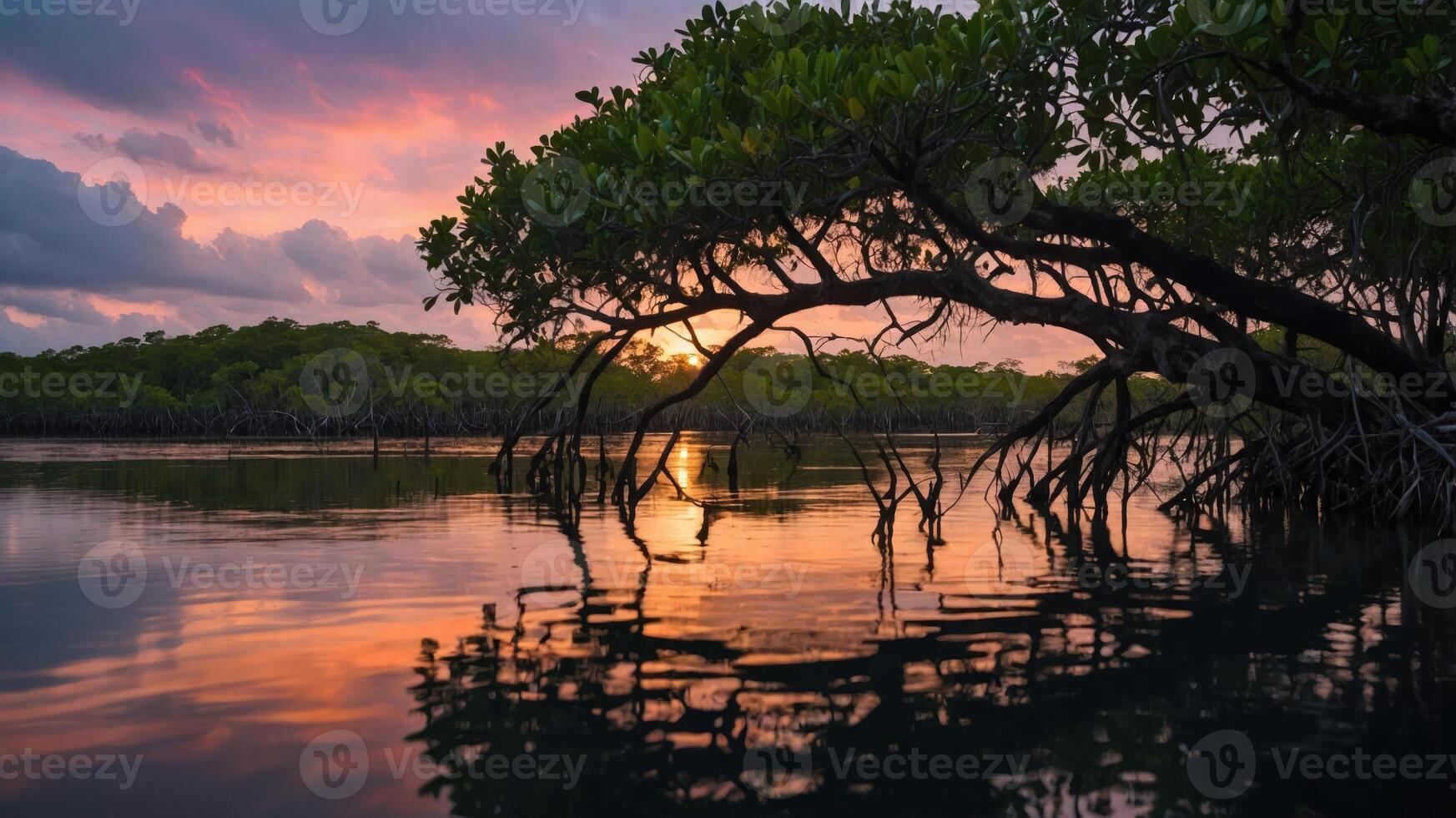 A serene mangrove landscape at sunset, reflecting vibrant colors on the water's surface. photo