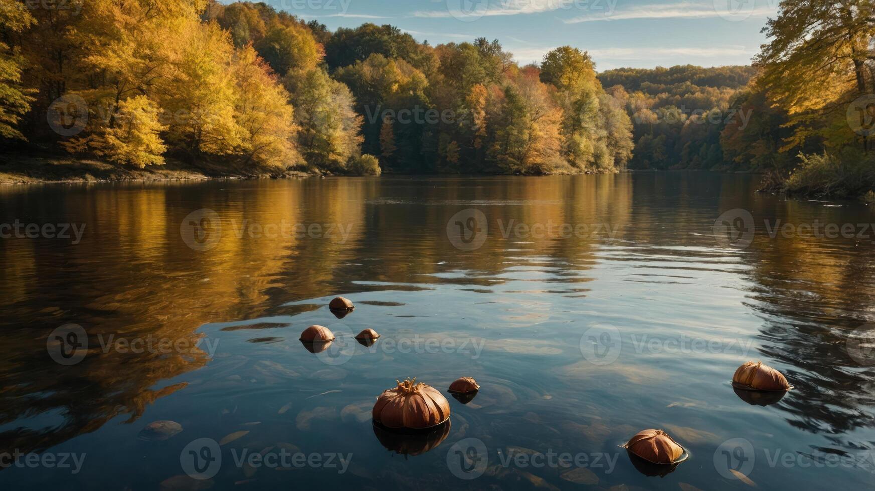 A serene autumn landscape featuring pumpkins floating on a calm river surrounded by colorful foliage. photo