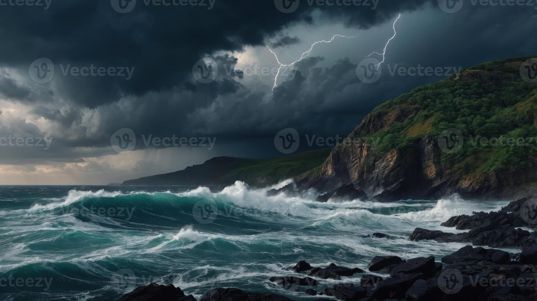 A dramatic coastal scene with stormy skies, lightning, and turbulent waves crashing against rocky shores. photo