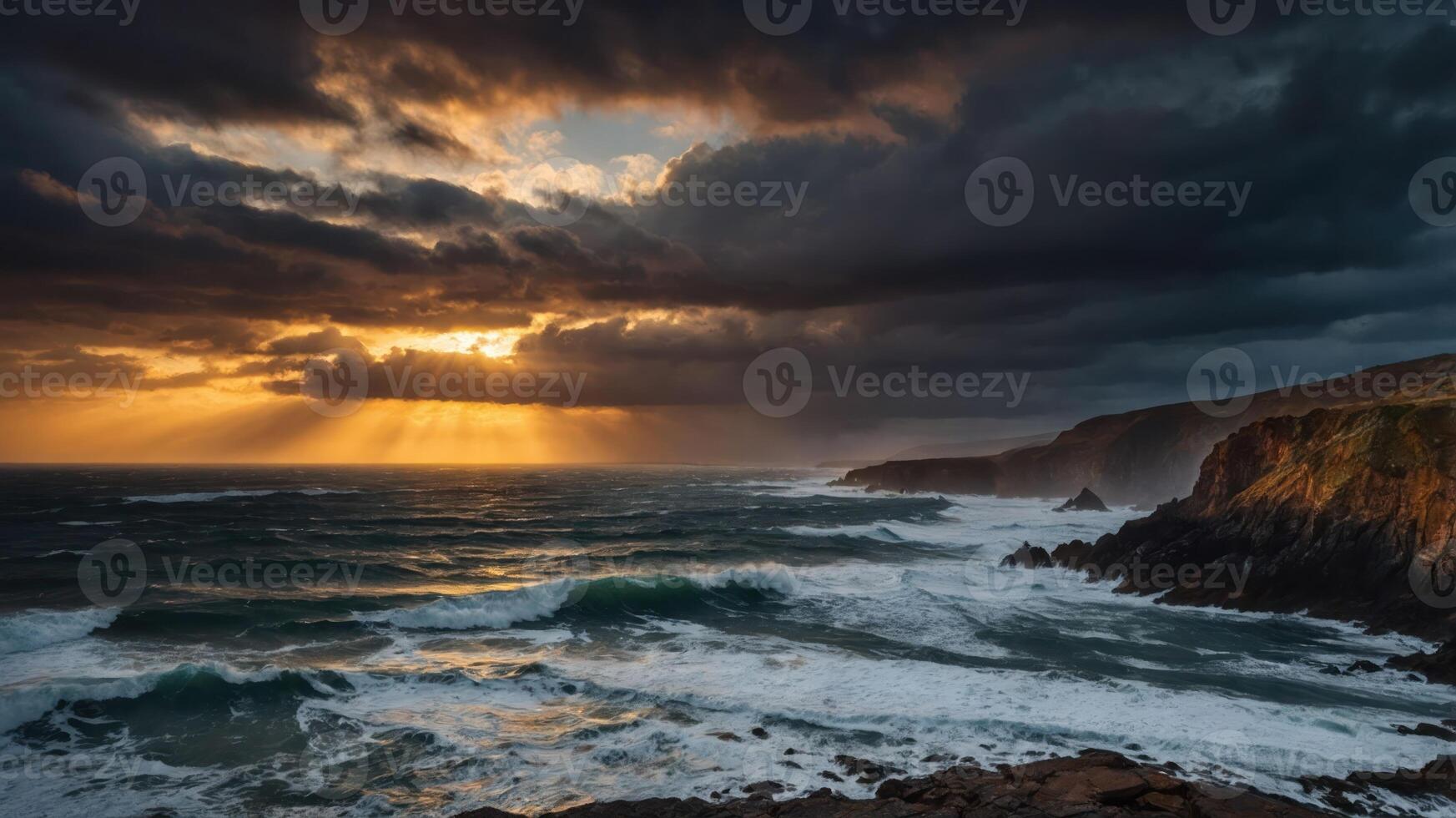 A dramatic coastal sunset with dark clouds and sunlight breaking through, illuminating the ocean waves. photo