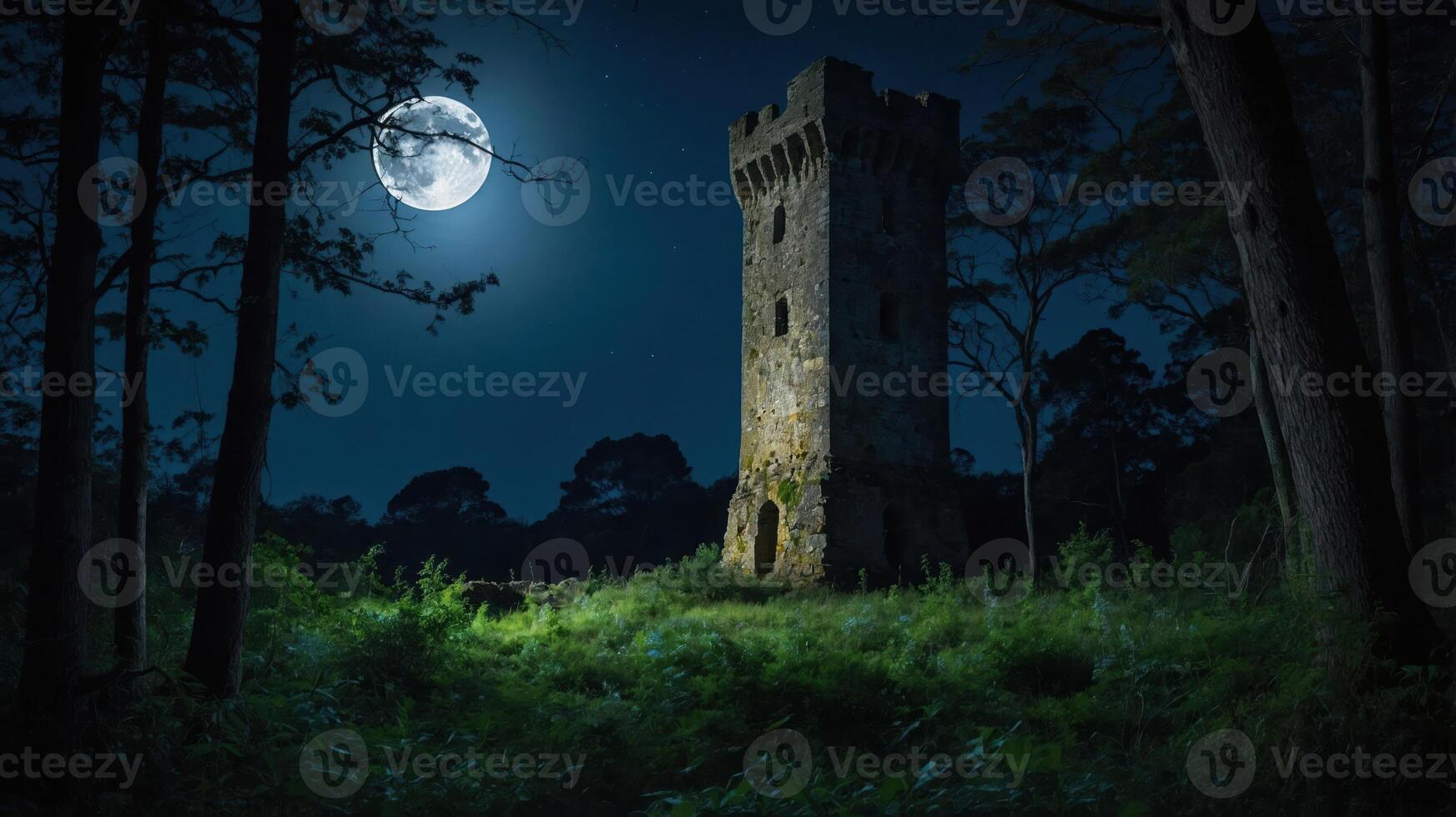 A moonlit tower stands amidst dark trees, creating a mysterious and enchanting atmosphere. photo