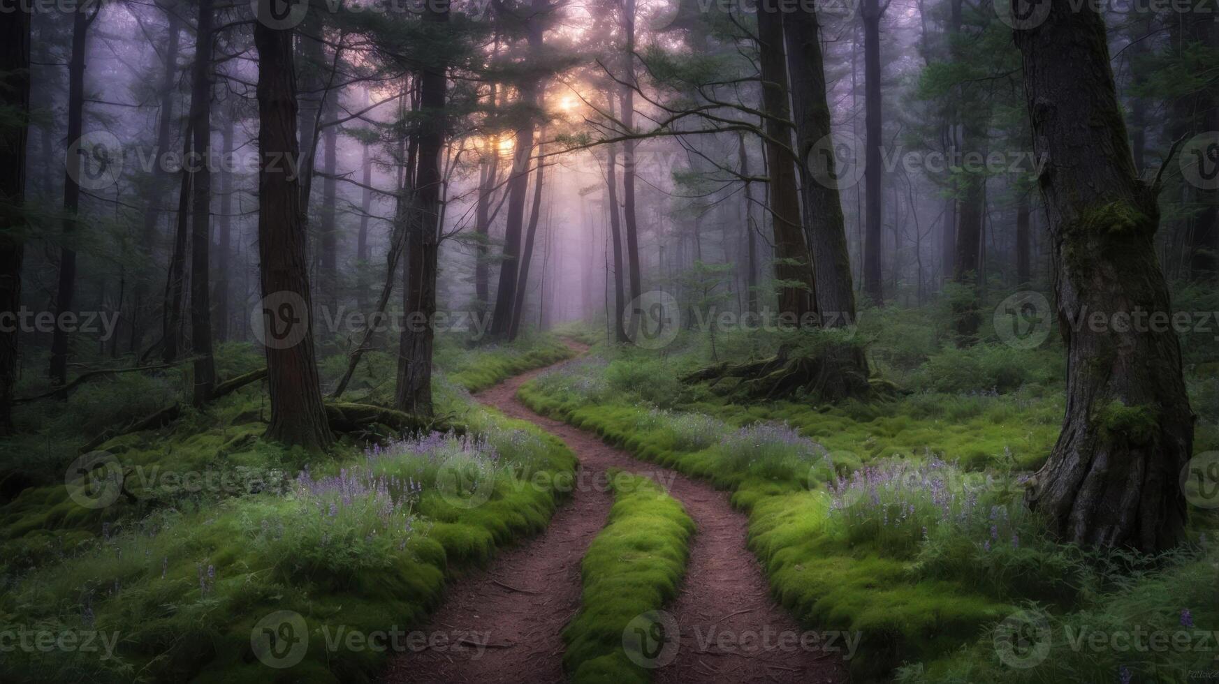 A serene forest path winding through misty trees, illuminated by soft sunlight breaking through the foliage. photo