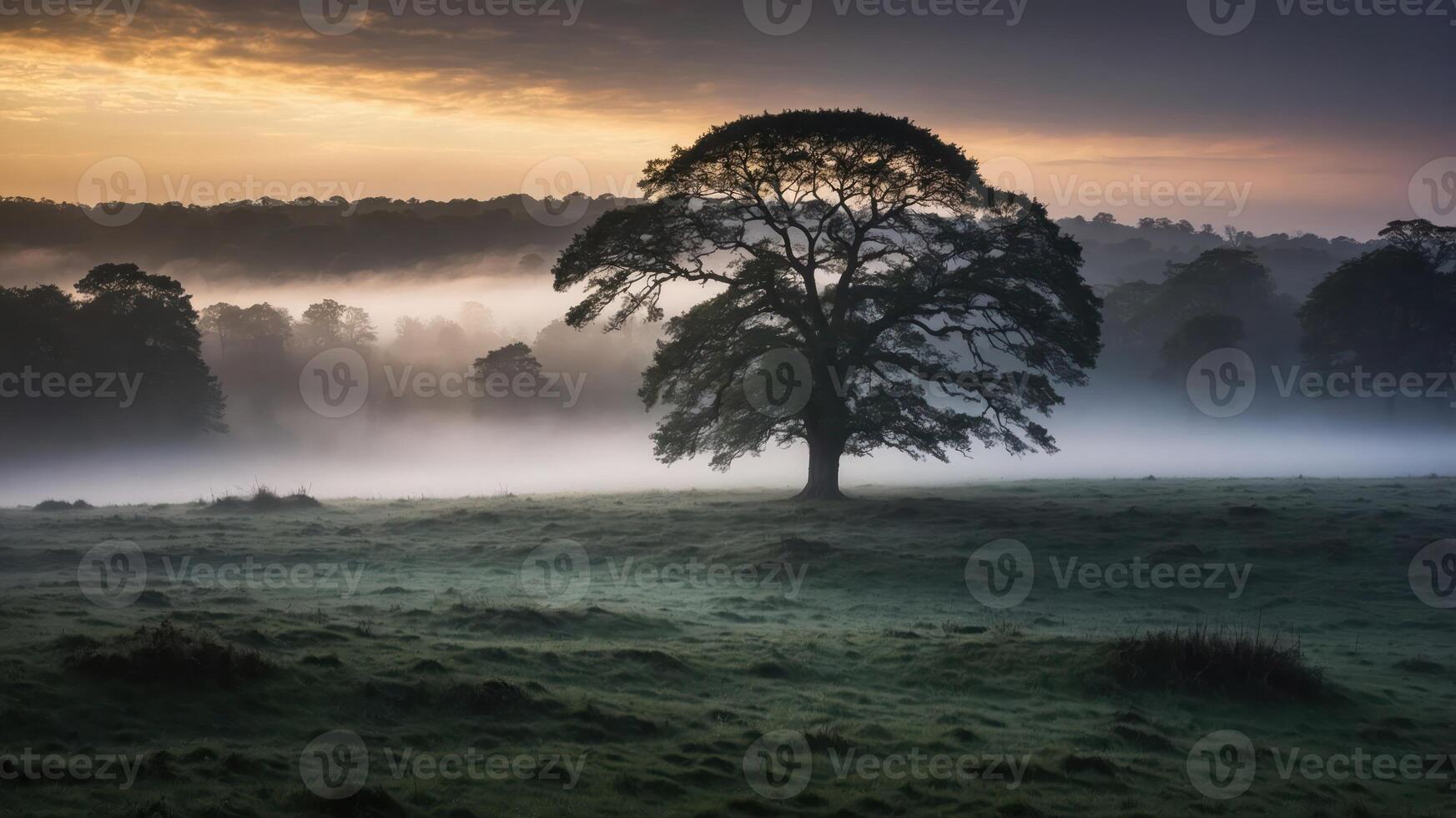 A solitary tree stands in a misty landscape at dawn, evoking tranquility and natural beauty. photo