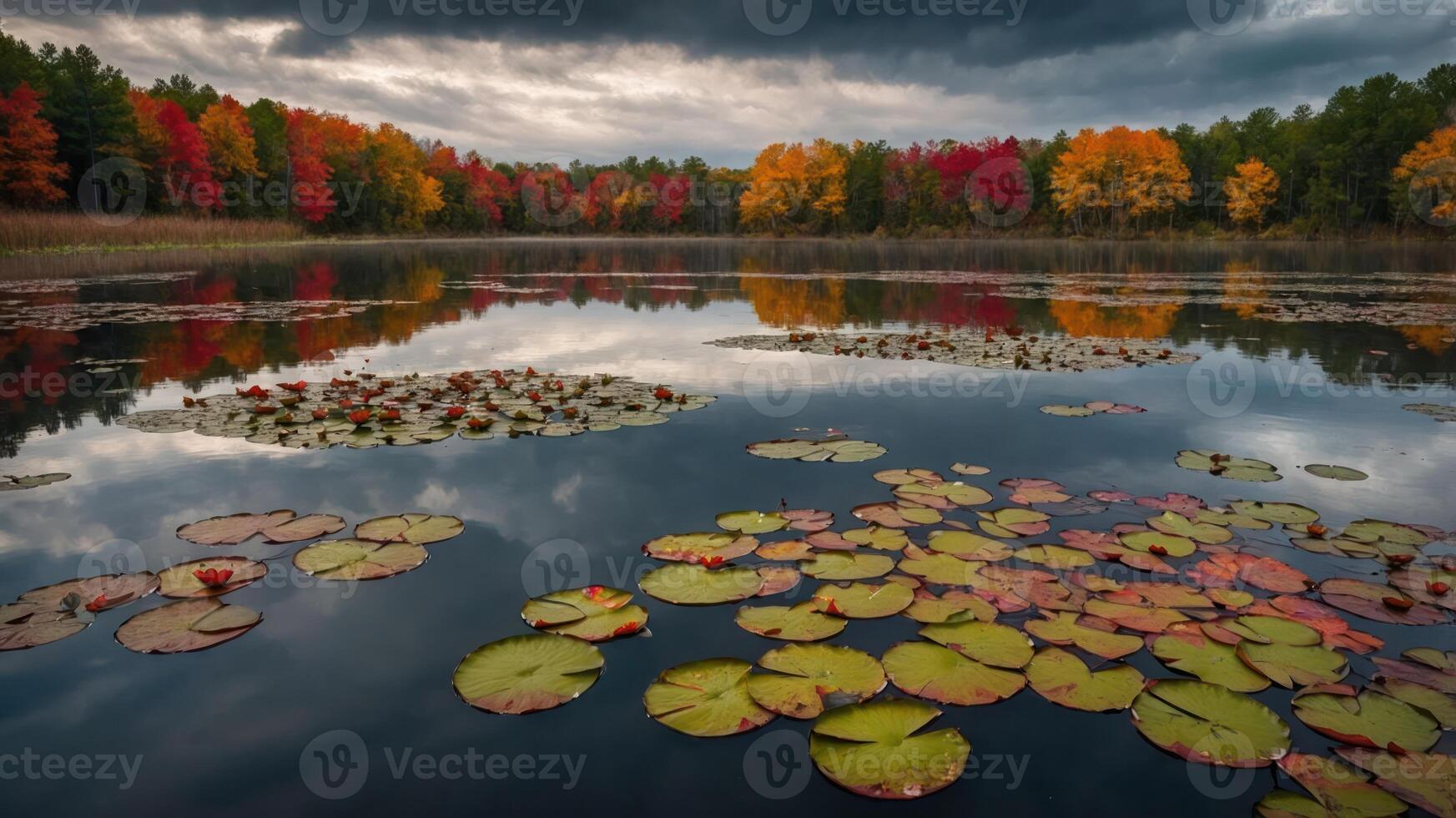 A serene lake scene with lily pads and vibrant autumn foliage reflecting on the water. photo
