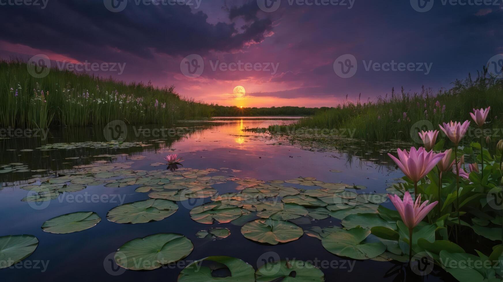 A serene sunset over a tranquil lake, surrounded by lush greenery and blooming water lilies. photo