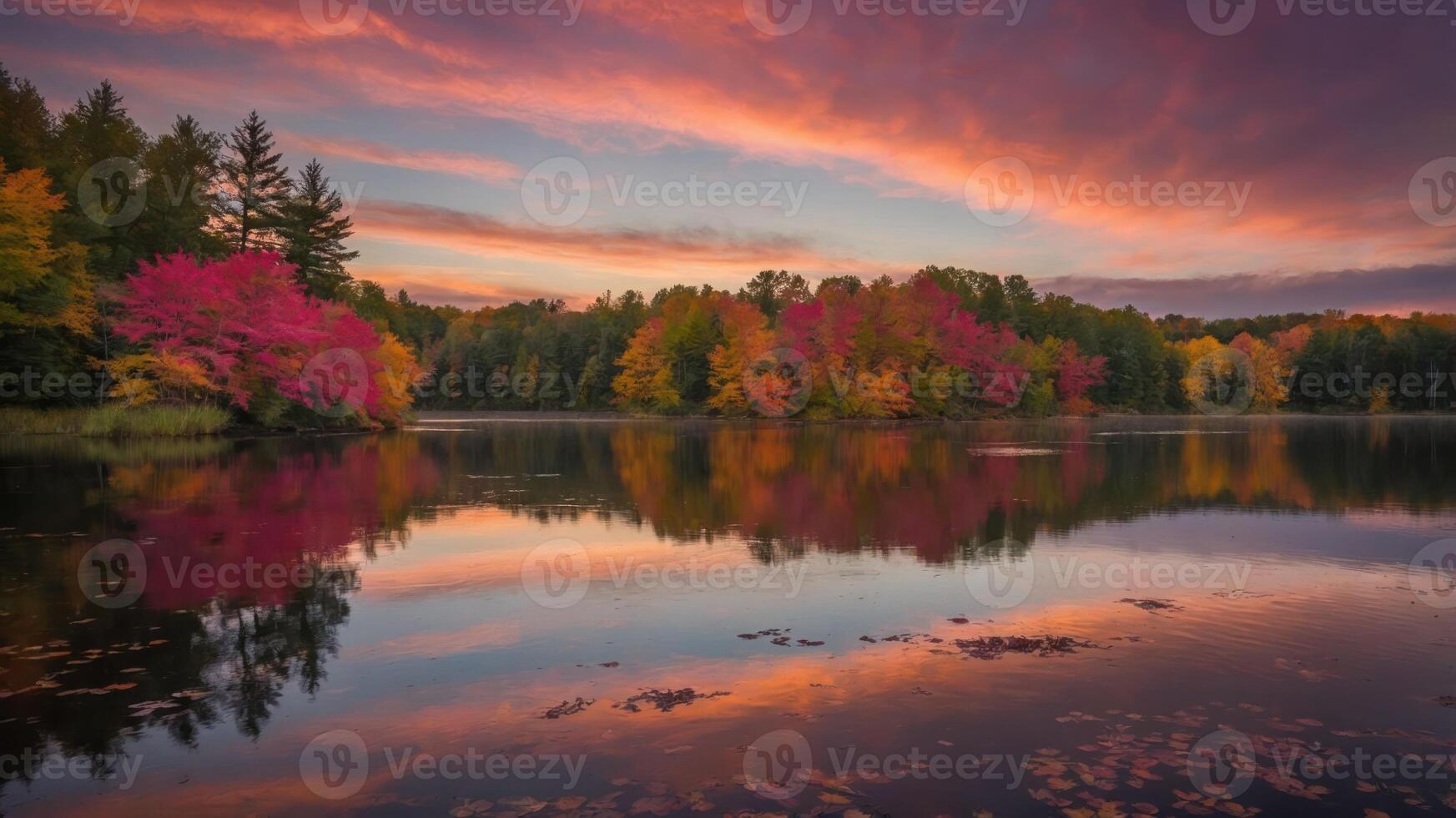 A serene lakeside scene with vibrant autumn foliage reflecting in calm waters under a colorful sky. photo