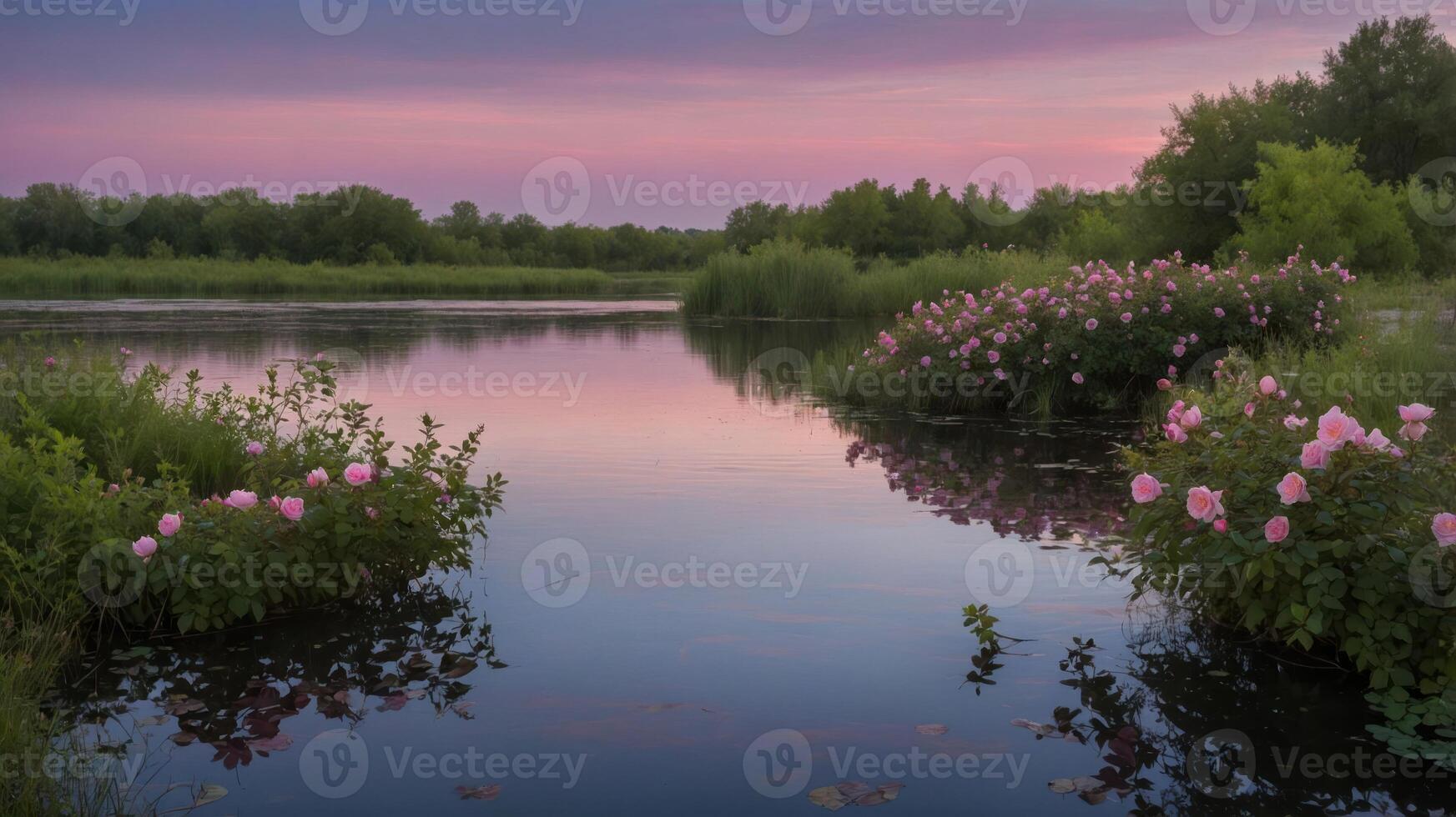 A serene riverscape at dusk, featuring blooming flowers and tranquil water reflecting the colorful sky. photo