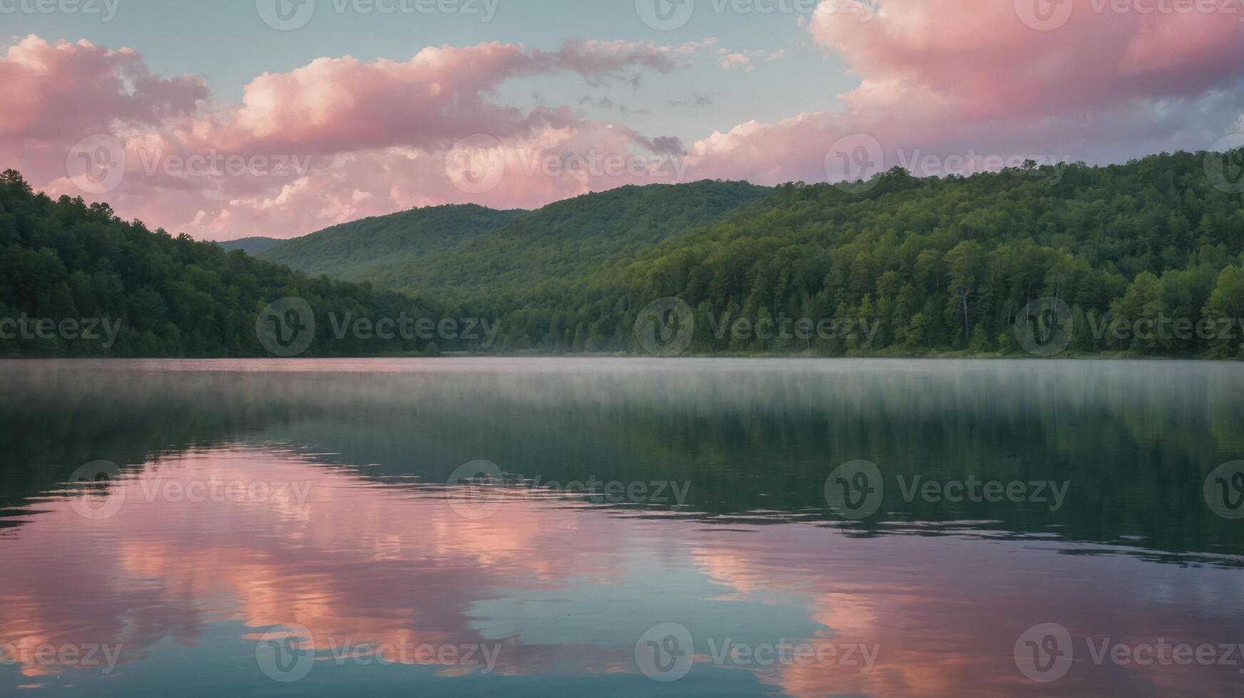 A serene lake surrounded by lush green hills, reflecting soft pink clouds at dawn. photo