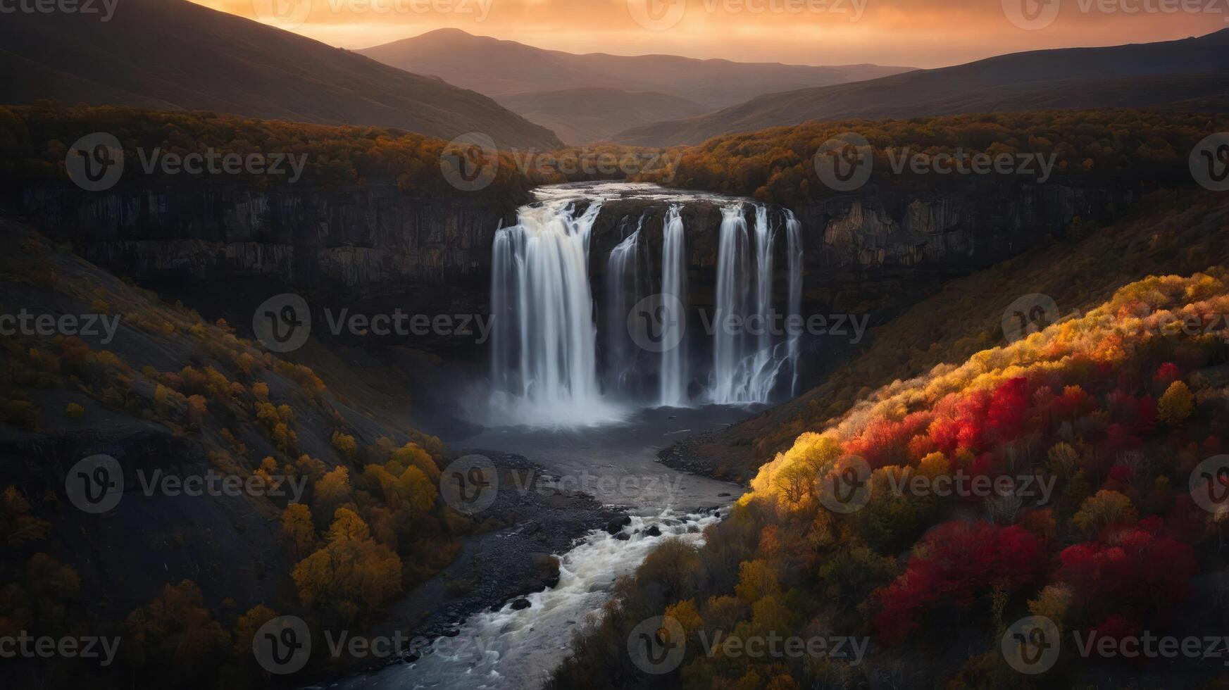 A stunning waterfall cascading through a colorful autumn landscape at sunset. photo