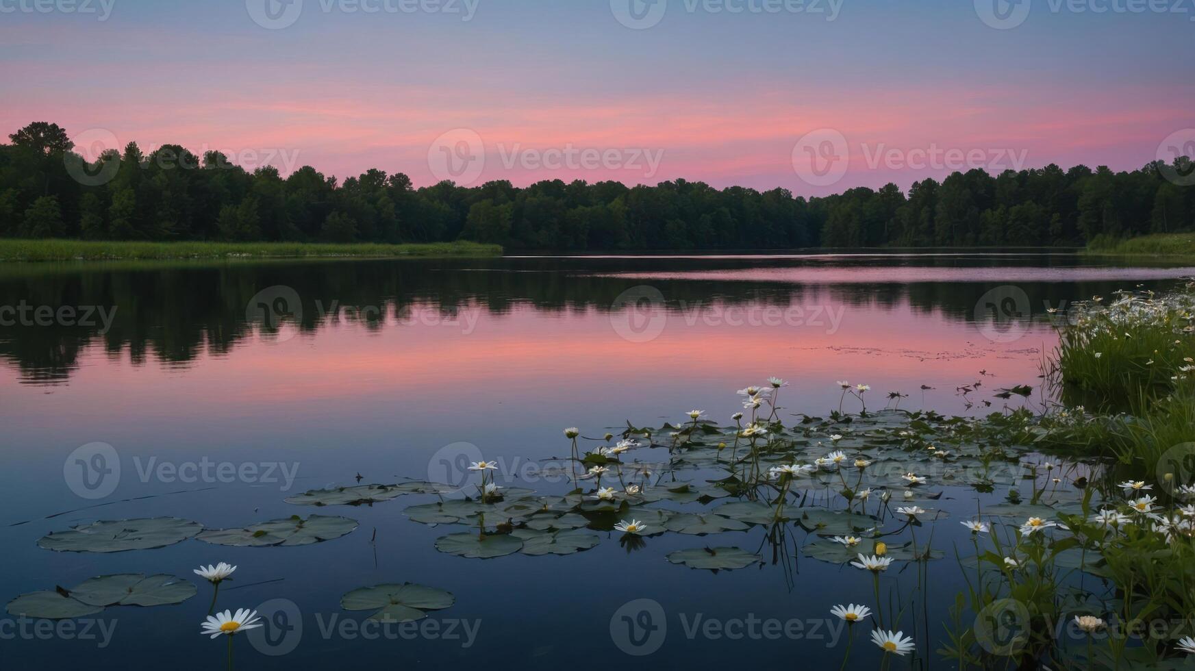 A serene lake at sunset, adorned with water lilies and surrounded by lush greenery. photo