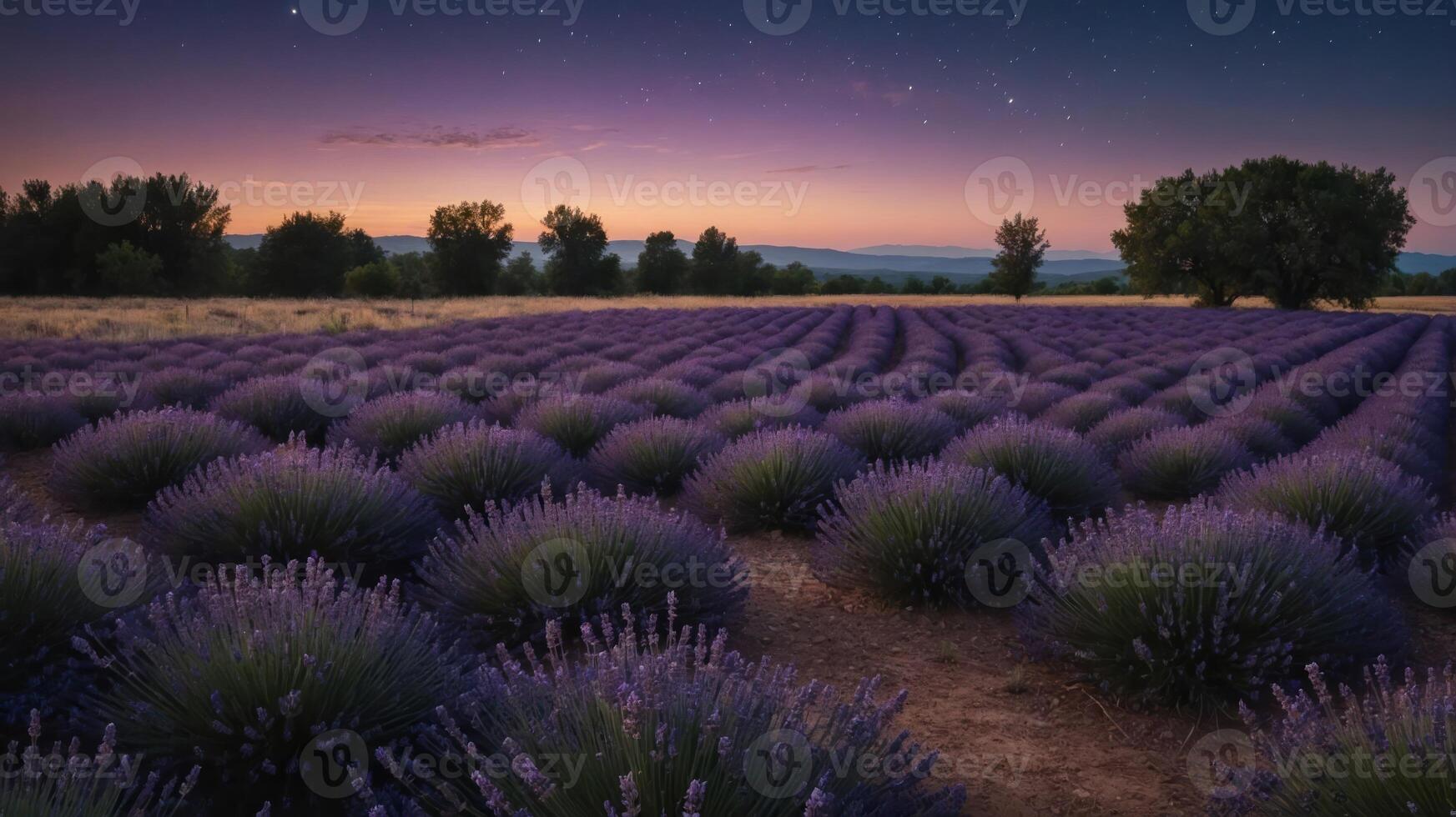 A serene lavender field under a twilight sky, showcasing rows of vibrant purple flowers. photo