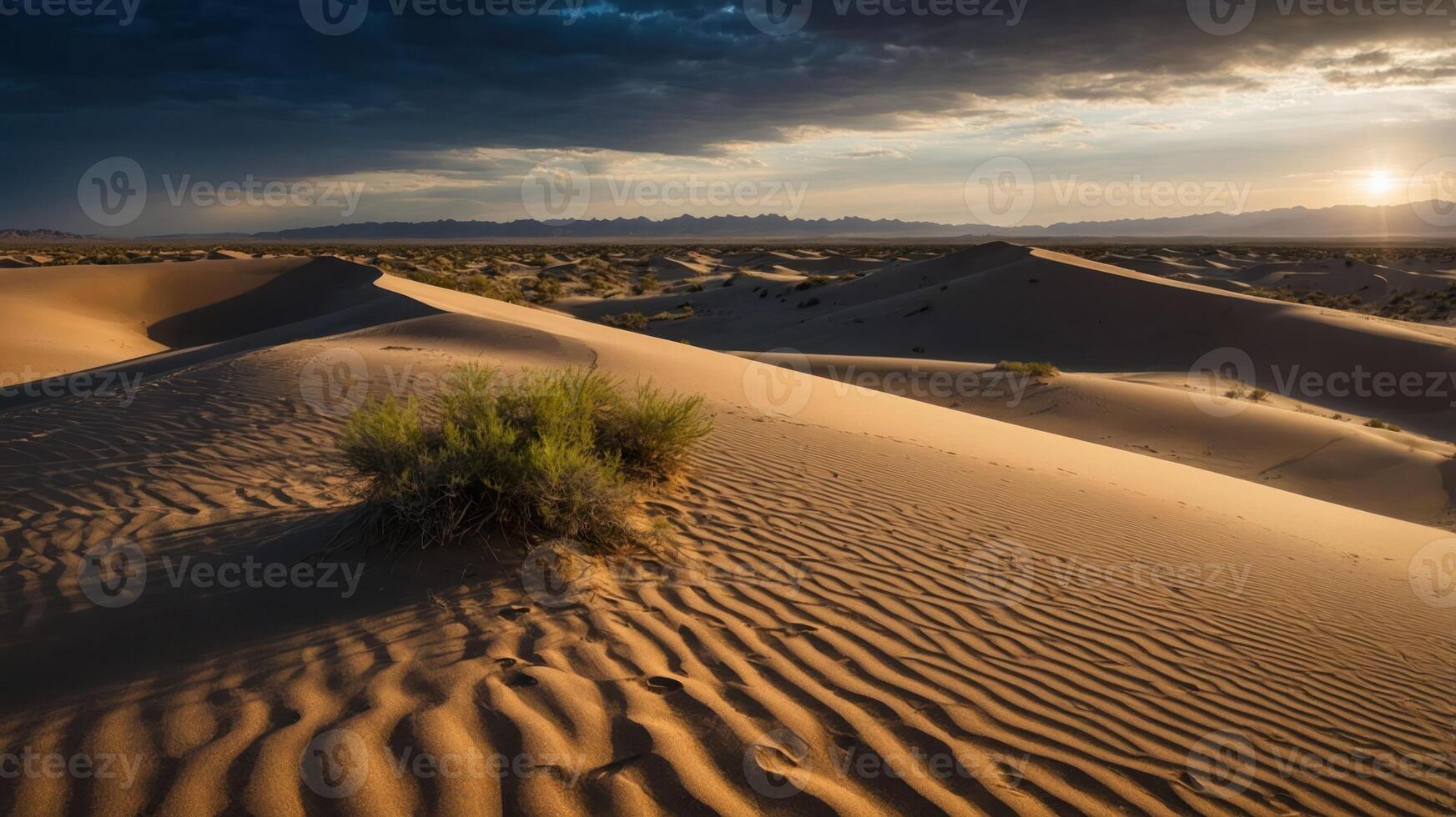 A serene desert landscape with rolling sand dunes and sparse vegetation under a dramatic sky. photo