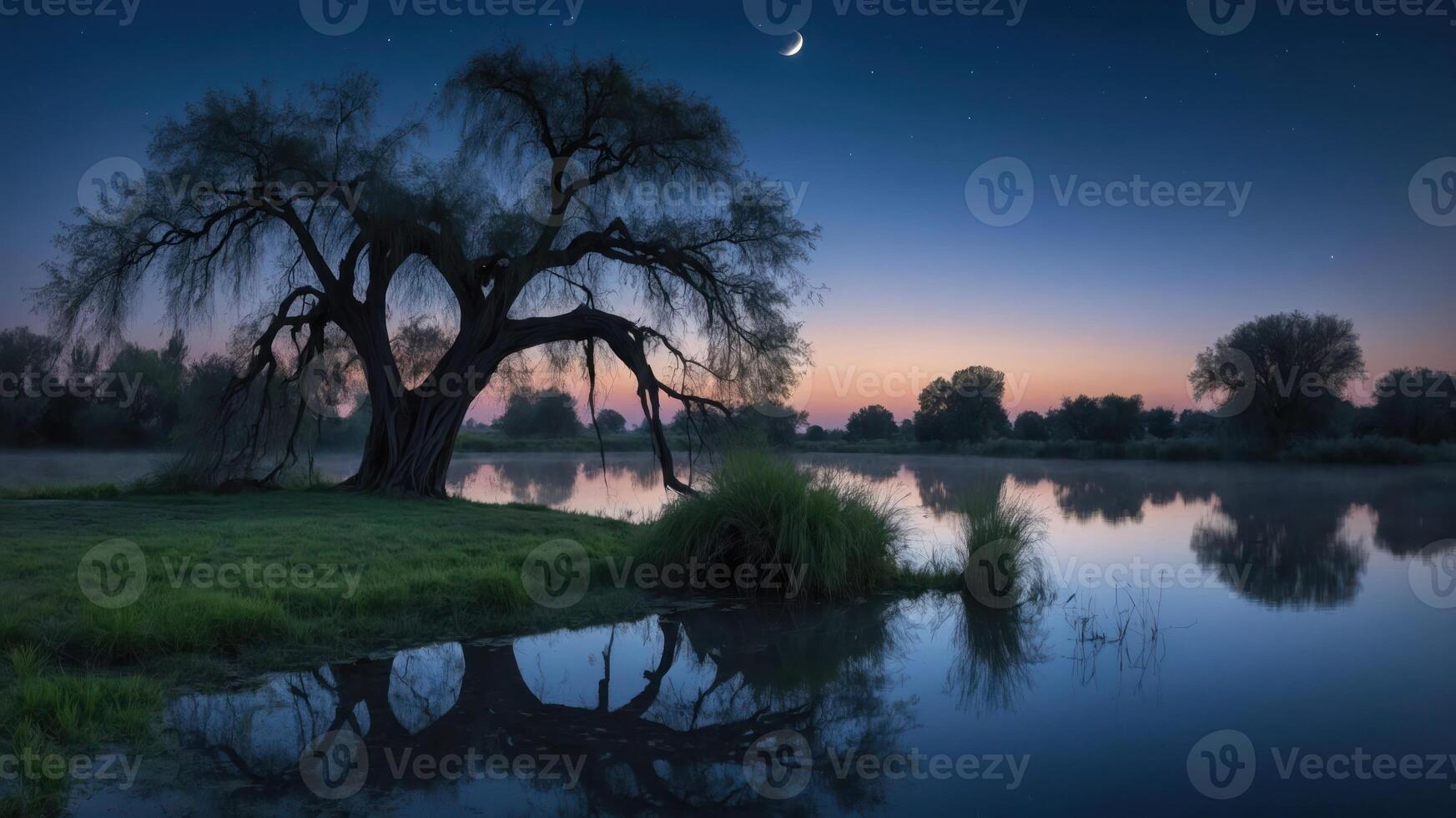 A serene twilight scene with a tree reflected in a calm body of water under a crescent moon. photo