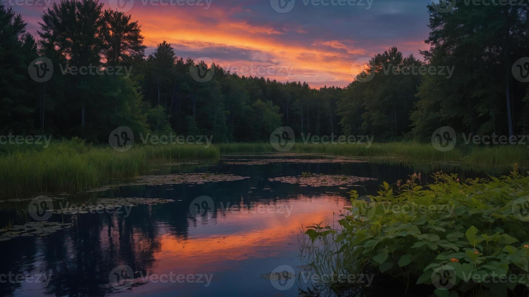 A serene sunset over a tranquil pond surrounded by lush greenery and vibrant reflections. photo
