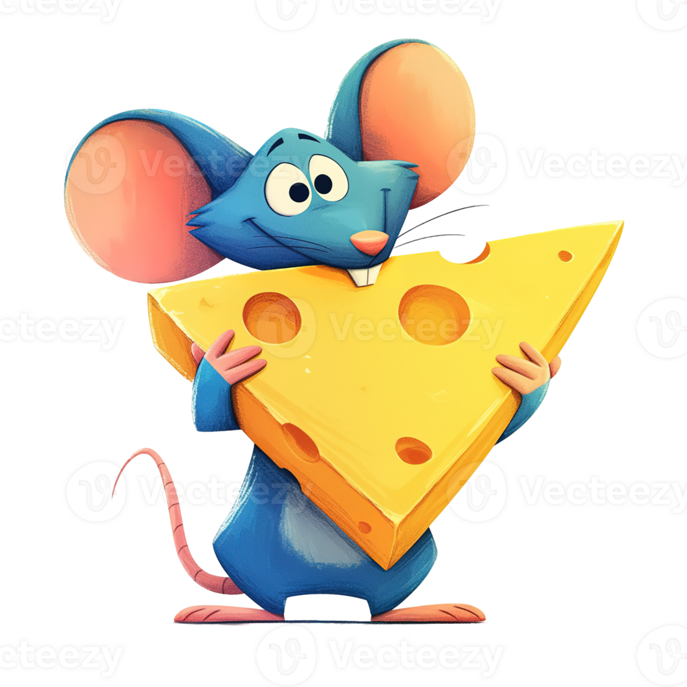 A happy cartoon mouse holding a large triangular cheese piece png