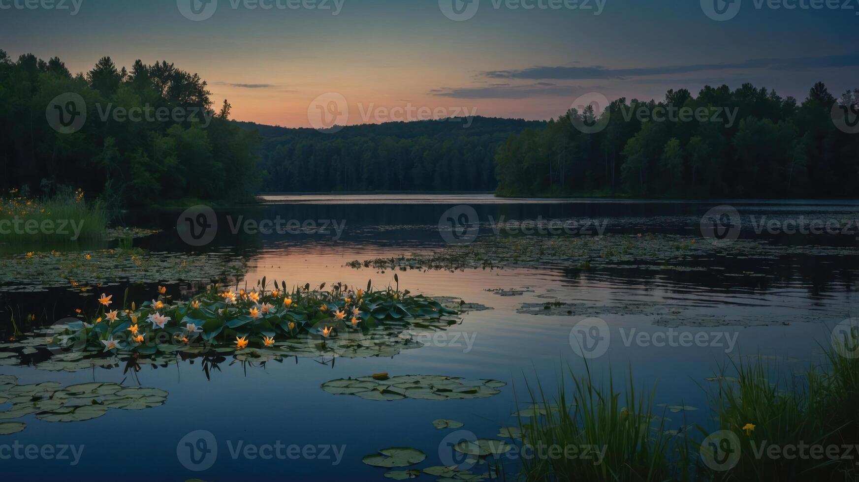 A serene lake at dusk, surrounded by trees and water lilies, reflecting the twilight sky. photo