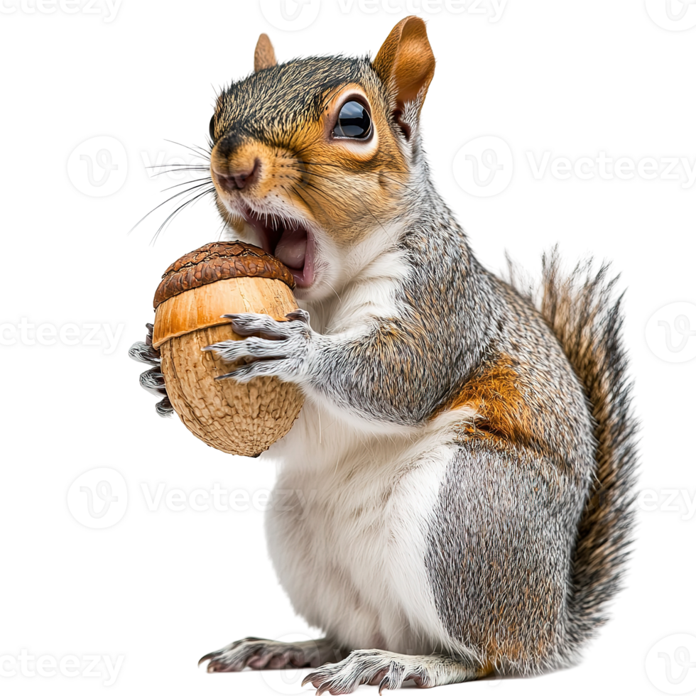 A gray squirrel holding an acorn with an open mouth widely png