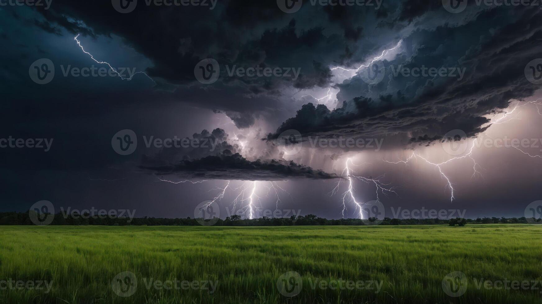 A dramatic thunderstorm with lightning illuminating dark clouds over a green field. photo