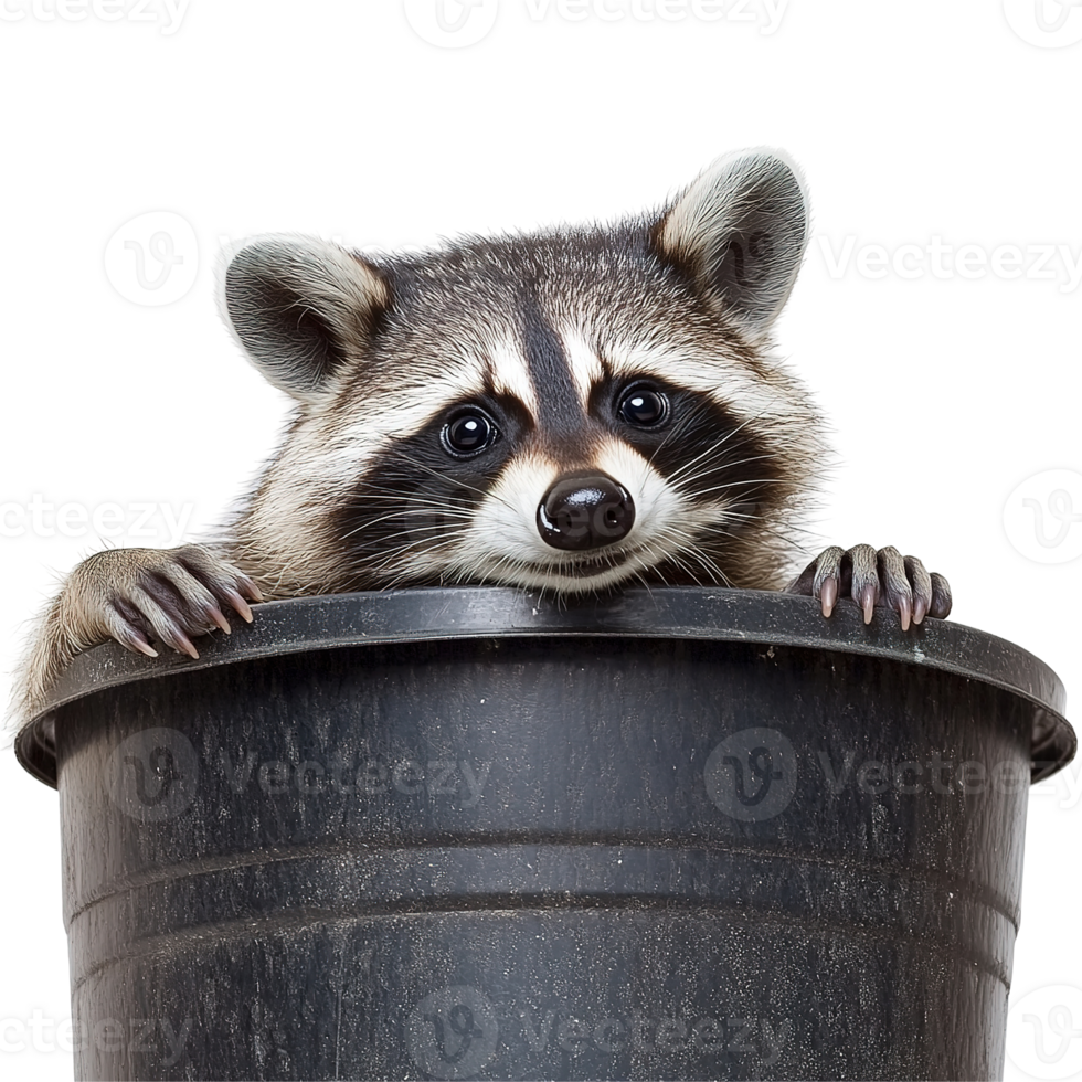 A curious raccoon peering over the edge of a black container png