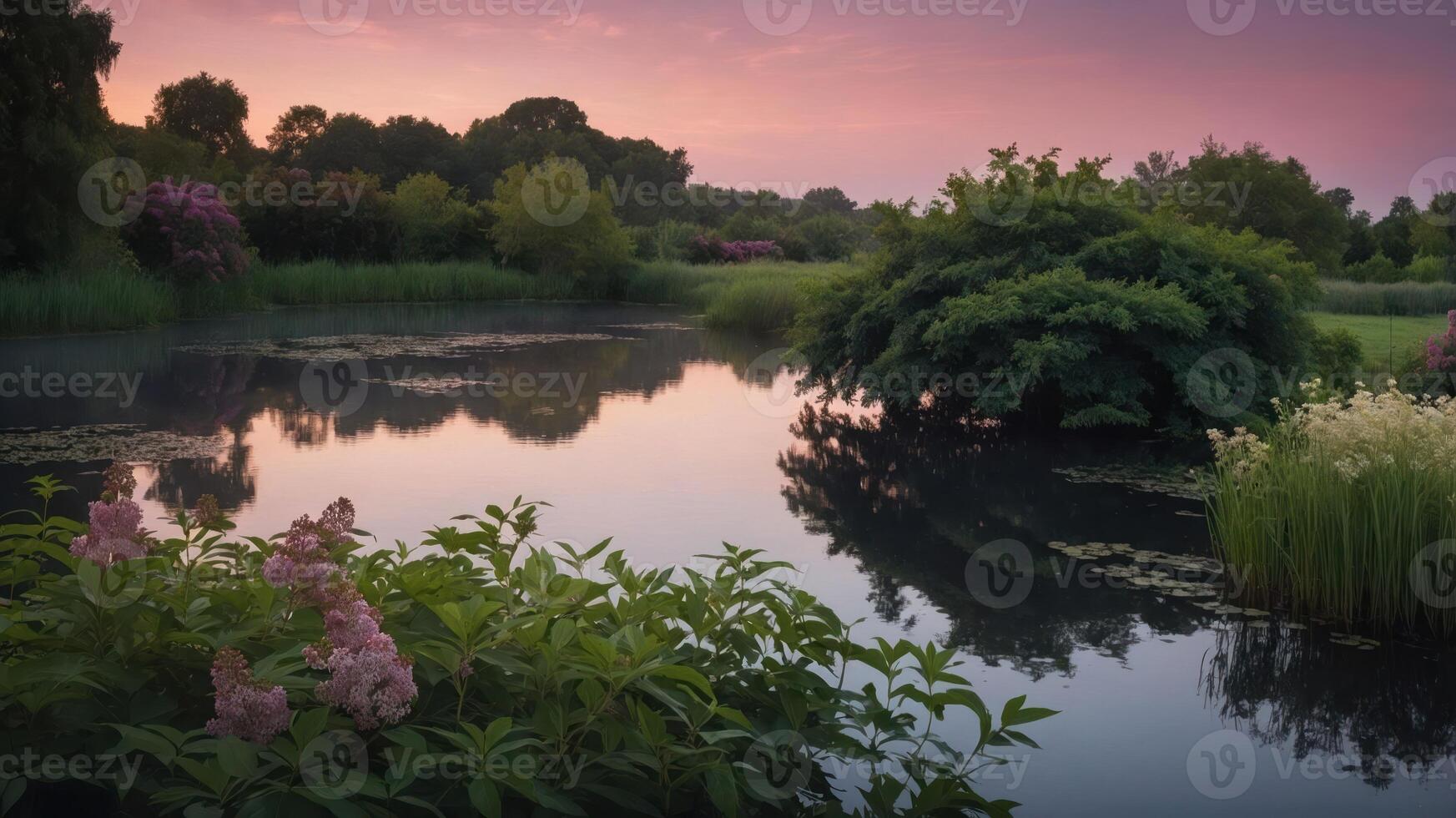 Tranquil landscape at dusk featuring a serene pond surrounded by lush vegetation and colorful flowers. photo