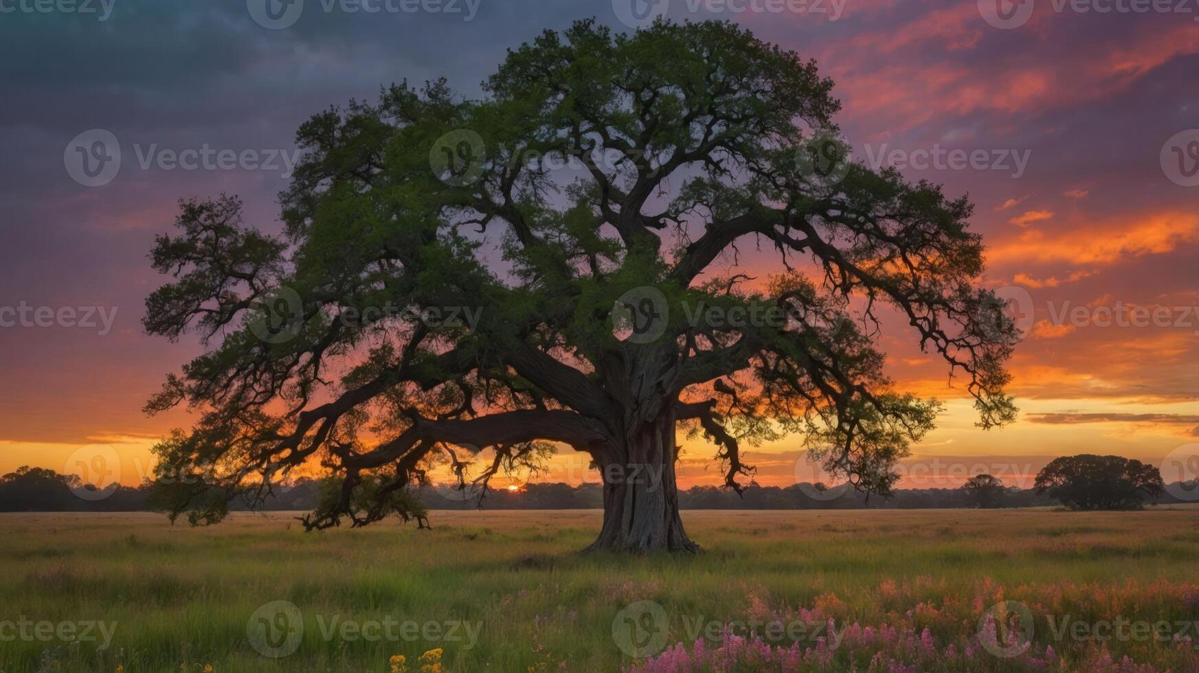 A majestic tree stands in a vibrant sunset, surrounded by a colorful field of flowers. photo