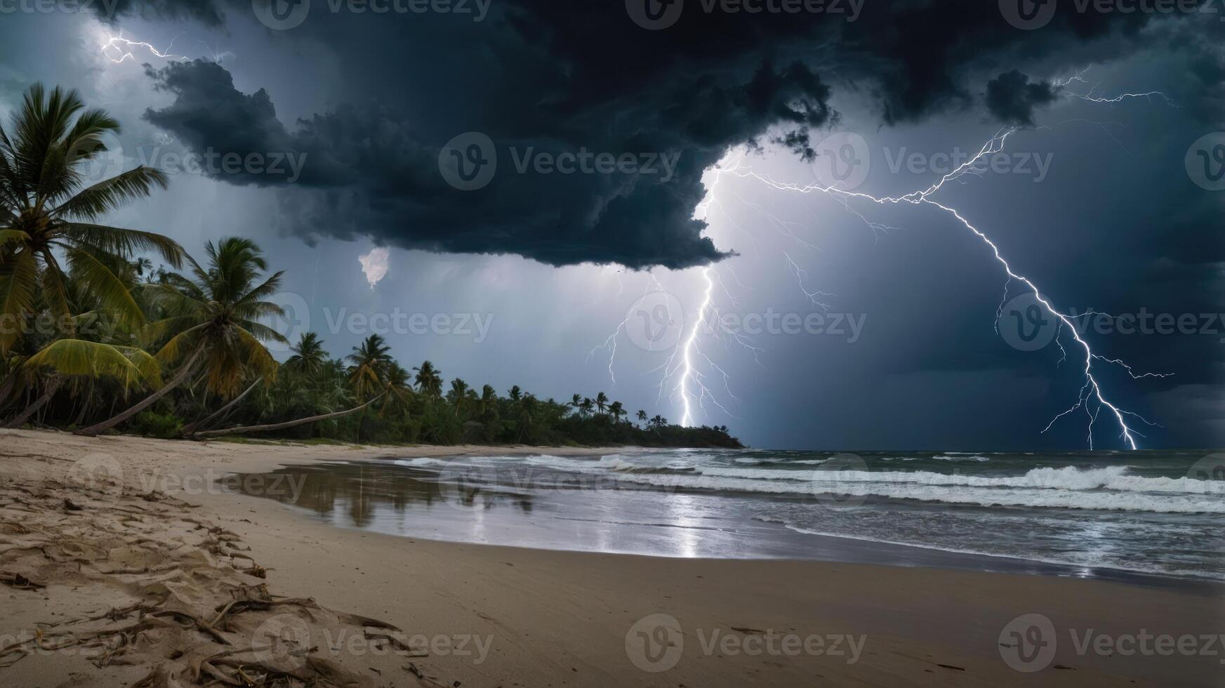 A dramatic beach scene with dark storm clouds and lightning illuminating the sky over the ocean. photo