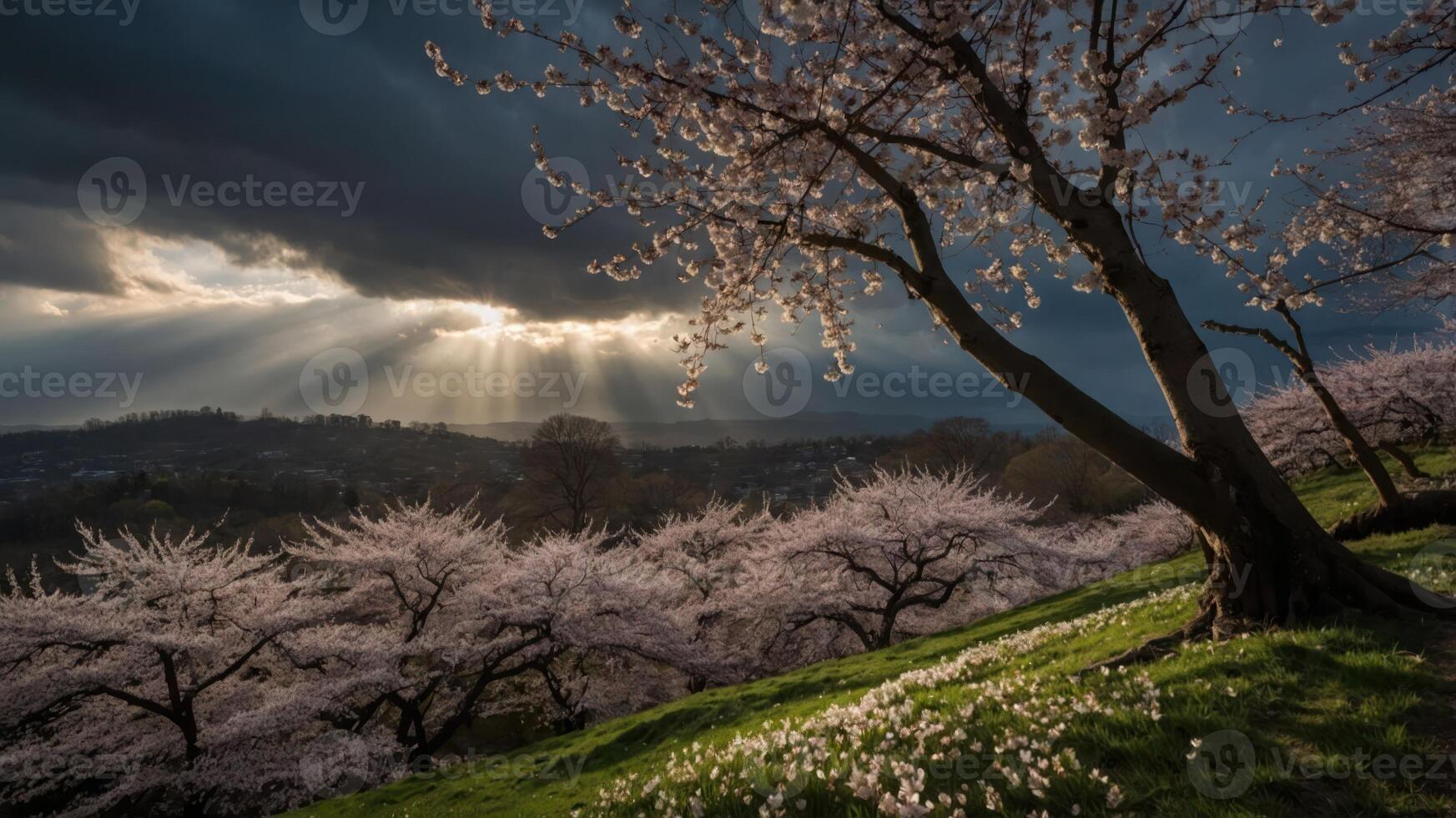 A serene landscape featuring cherry blossom trees under dramatic skies, illuminated by rays of sunlight. photo