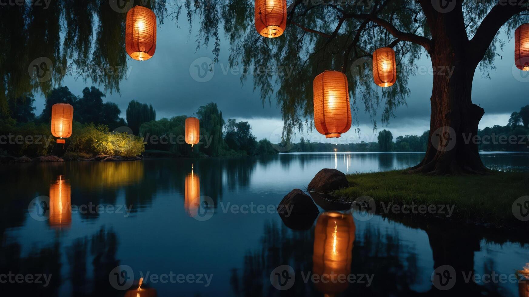 A serene lakeside scene illuminated by glowing lanterns hanging from a tree, reflecting in the water. photo