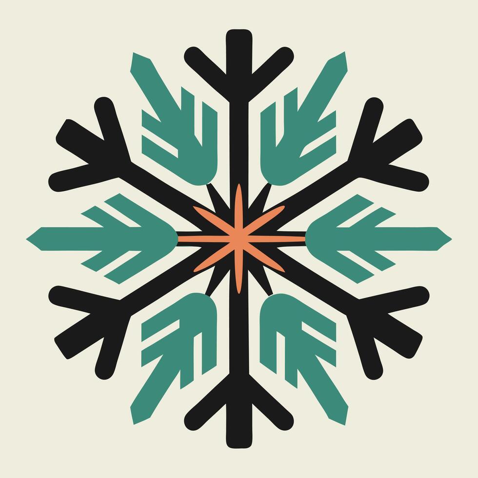 Geometric Snowflake Illustration In Black Teal And Orange vector
