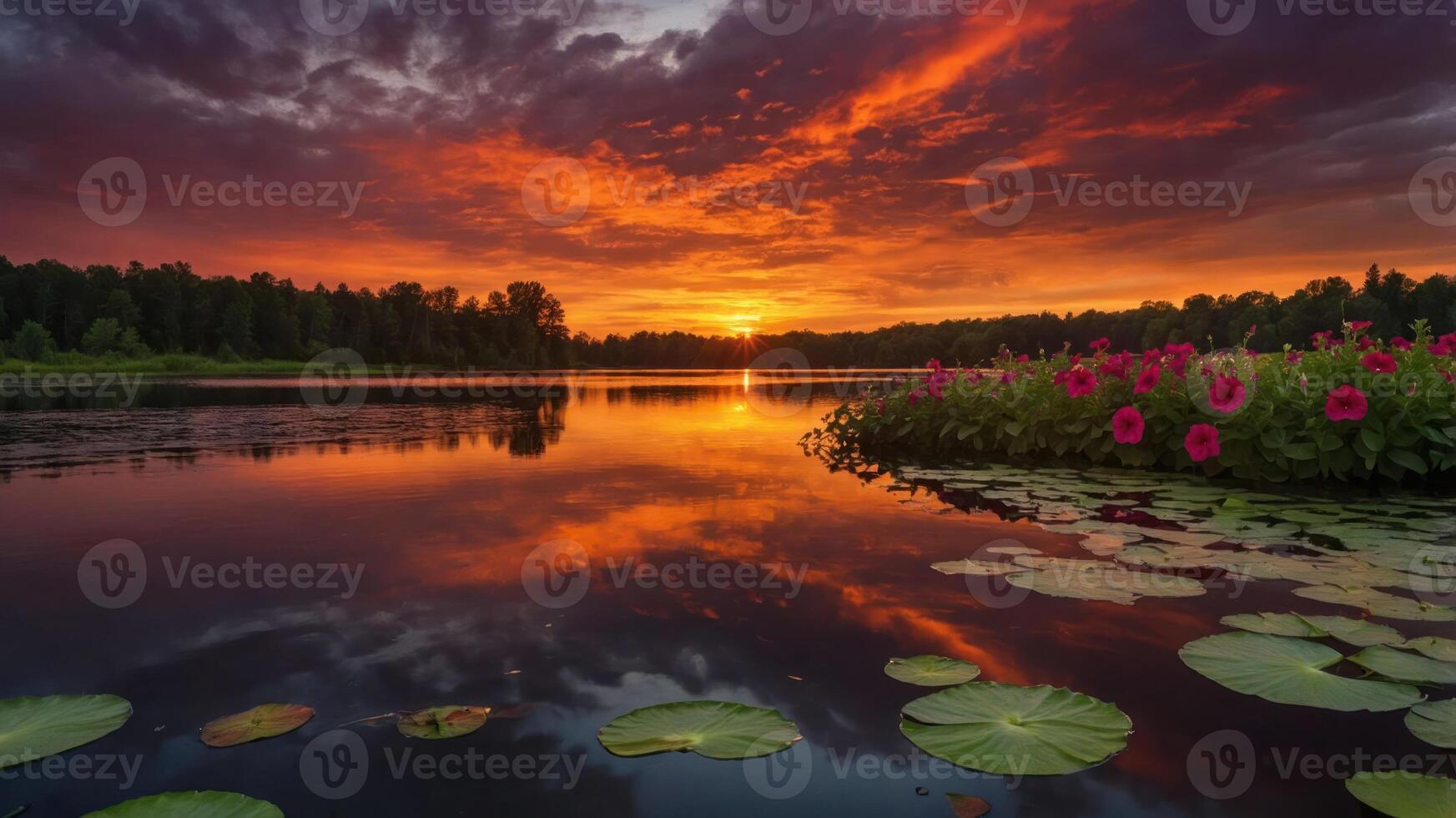 A serene sunset over a lake, reflecting vibrant colors and surrounded by water lilies and flowers. photo