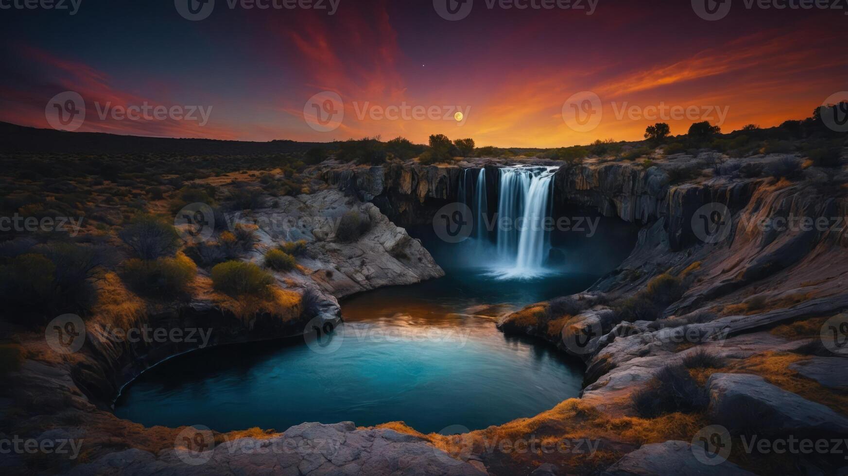 A serene waterfall cascades into a tranquil pool, illuminated by a colorful sunset sky. photo