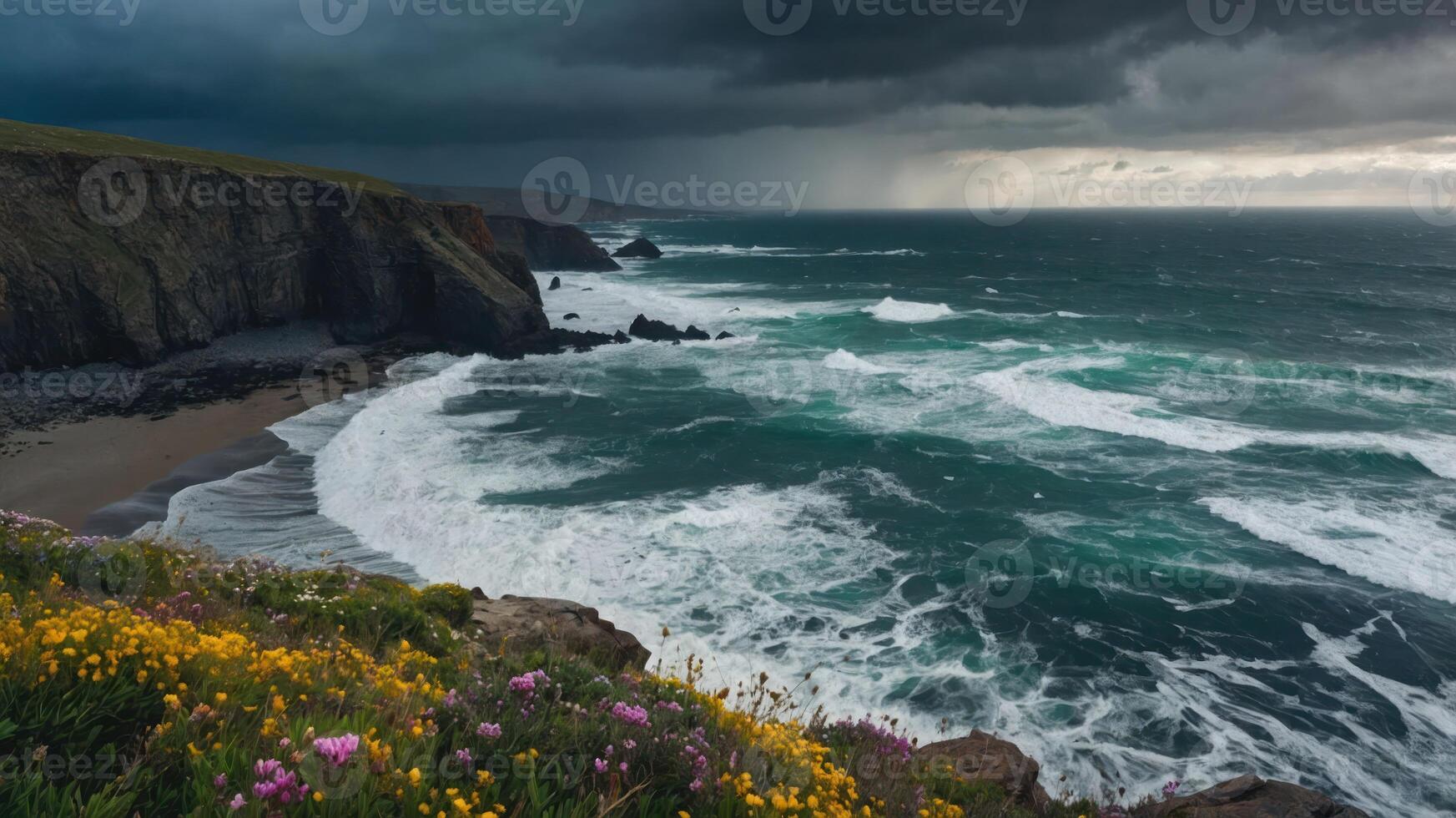 A dramatic coastal scene with waves crashing against cliffs under a stormy sky. photo
