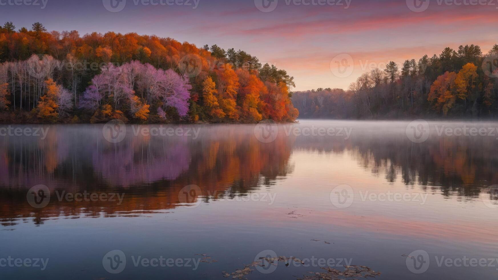 A serene lake reflecting vibrant autumn foliage at sunrise, creating a peaceful natural scene. photo