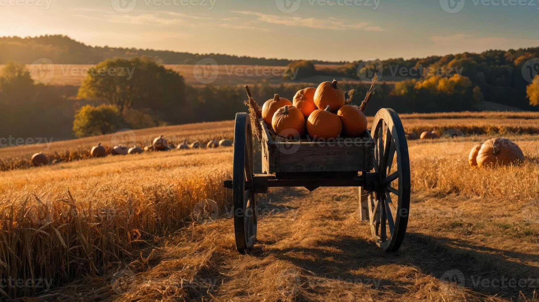 A rustic cart filled with pumpkins sits in a golden field during a serene autumn sunset. photo