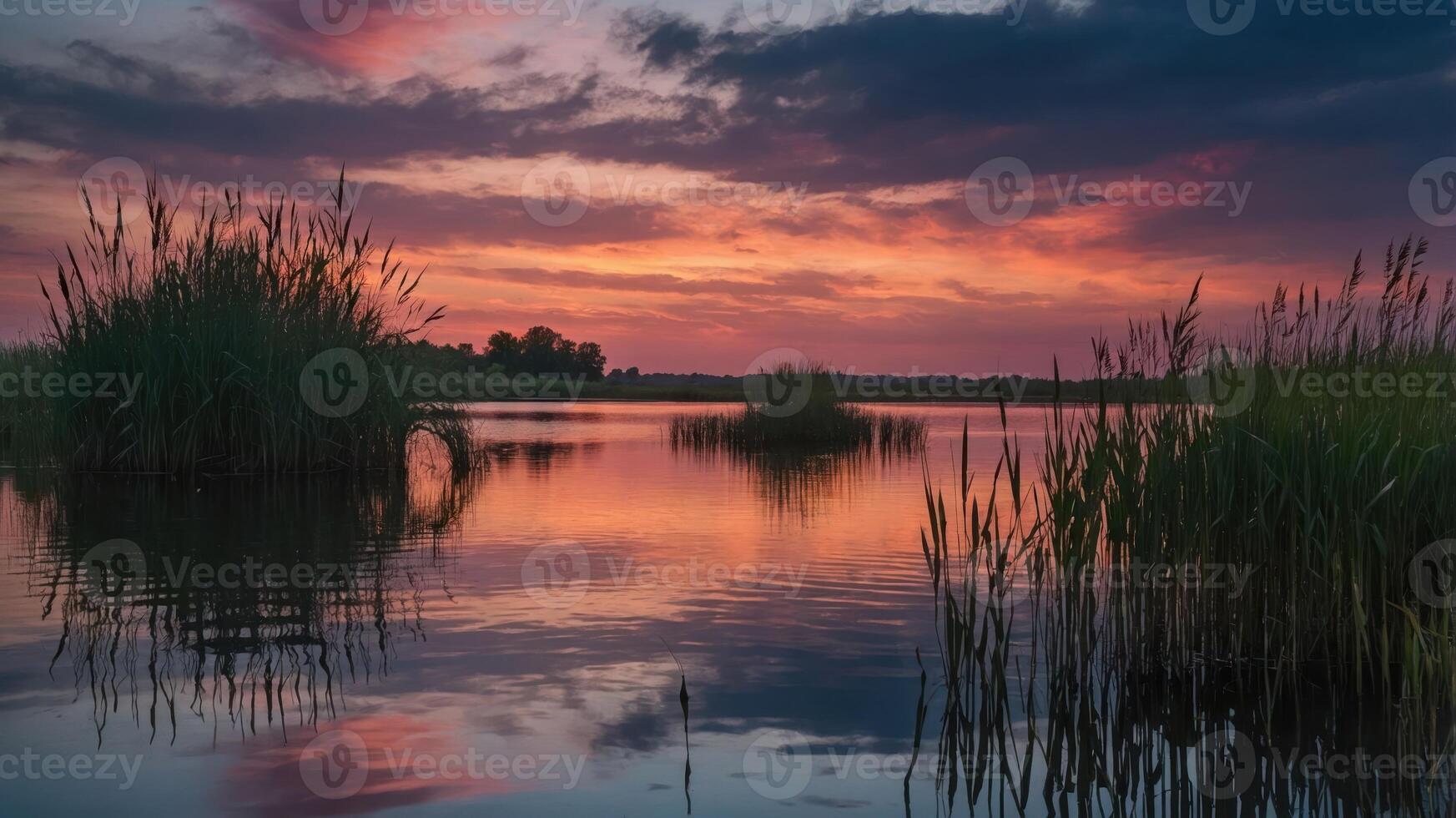 A sunset over a lake with reeds and grass photo