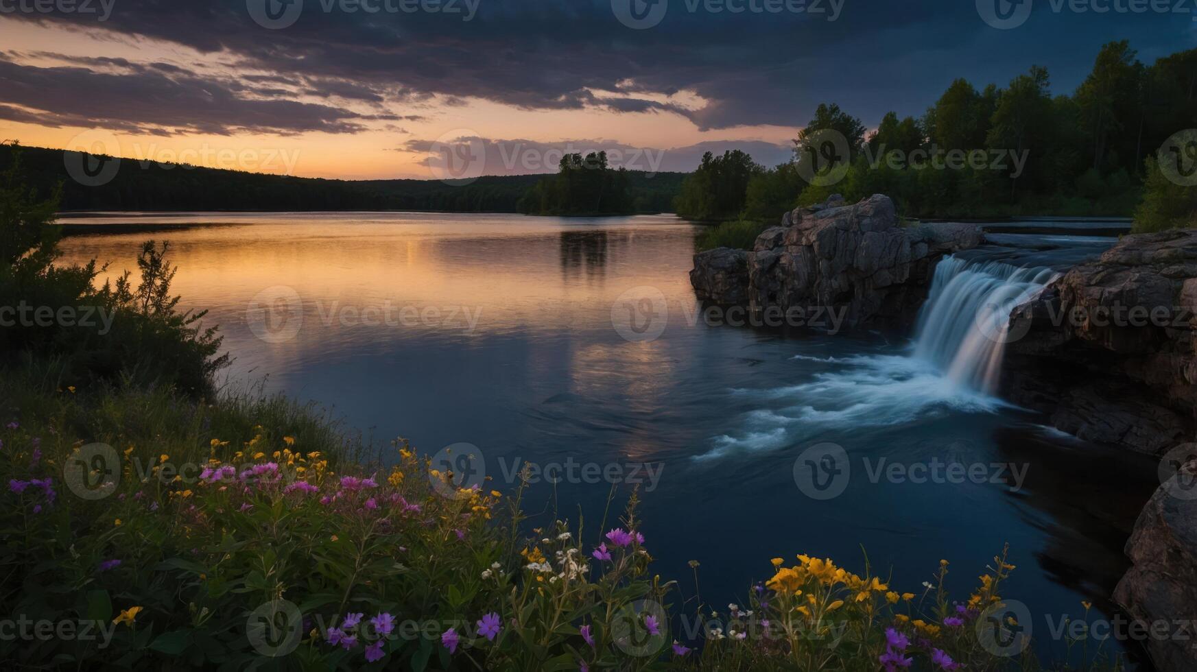 A serene sunset over a lake with a waterfall, surrounded by lush greenery and colorful flowers. photo