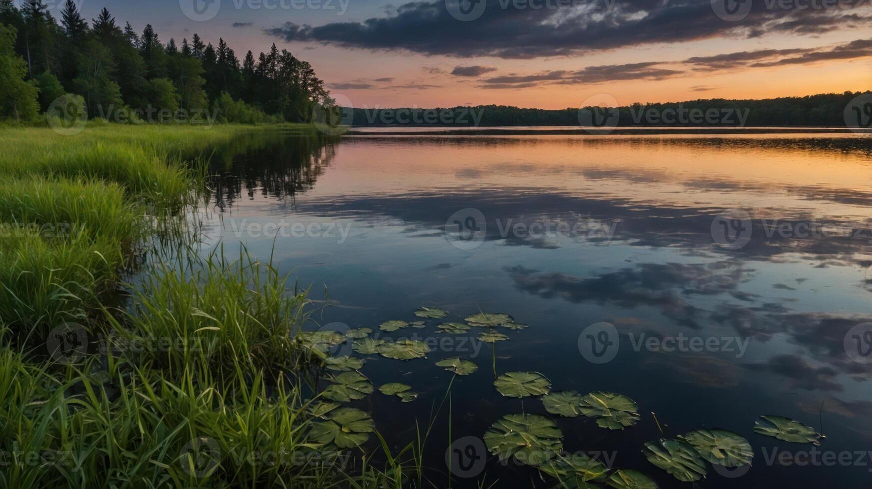 A serene lakeside view at sunset, featuring calm waters, lush greenery, and lily pads. photo