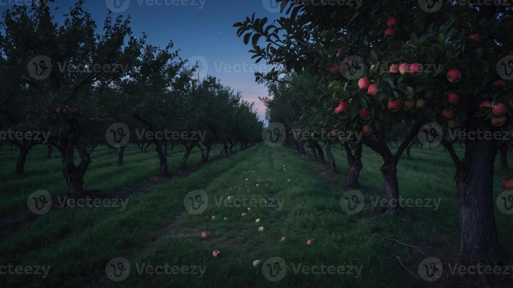 A serene orchard at dusk, featuring apple trees laden with fruit, creating a peaceful rural atmosphere. photo