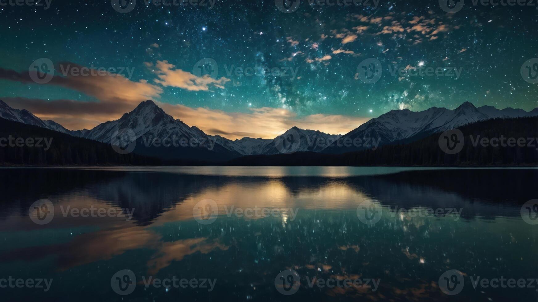 A serene night landscape featuring mountains and a starry sky reflected in calm water. photo