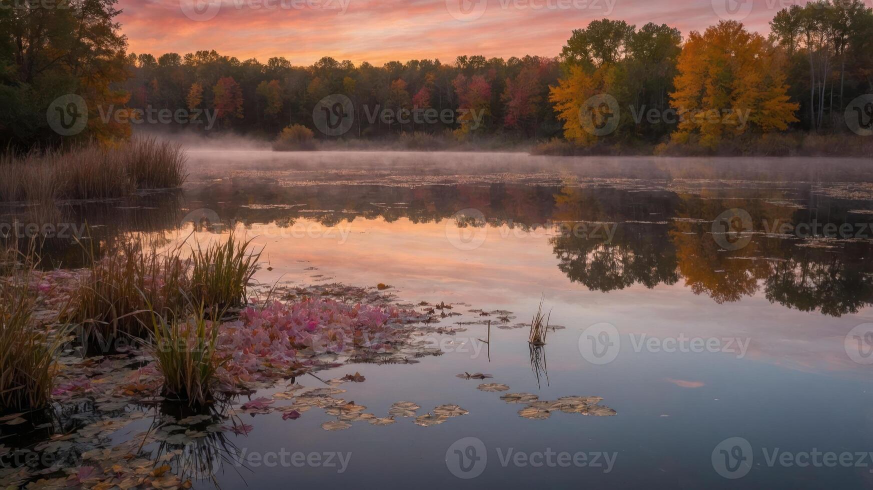 Serene lake at dawn with mist, colorful trees, and lily pads reflecting in calm waters. photo