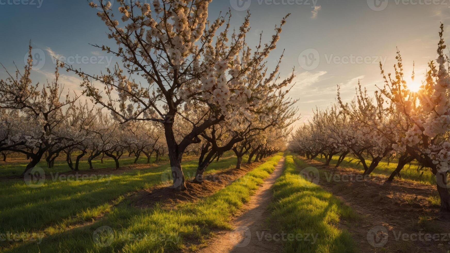 A serene orchard path lined with blooming trees under a sunset sky. photo