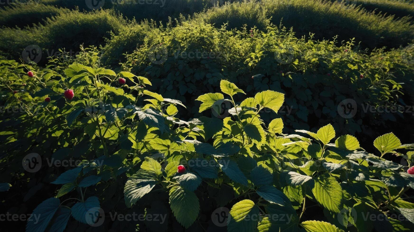 A vibrant scene of raspberry plants with lush green foliage under sunlight. photo