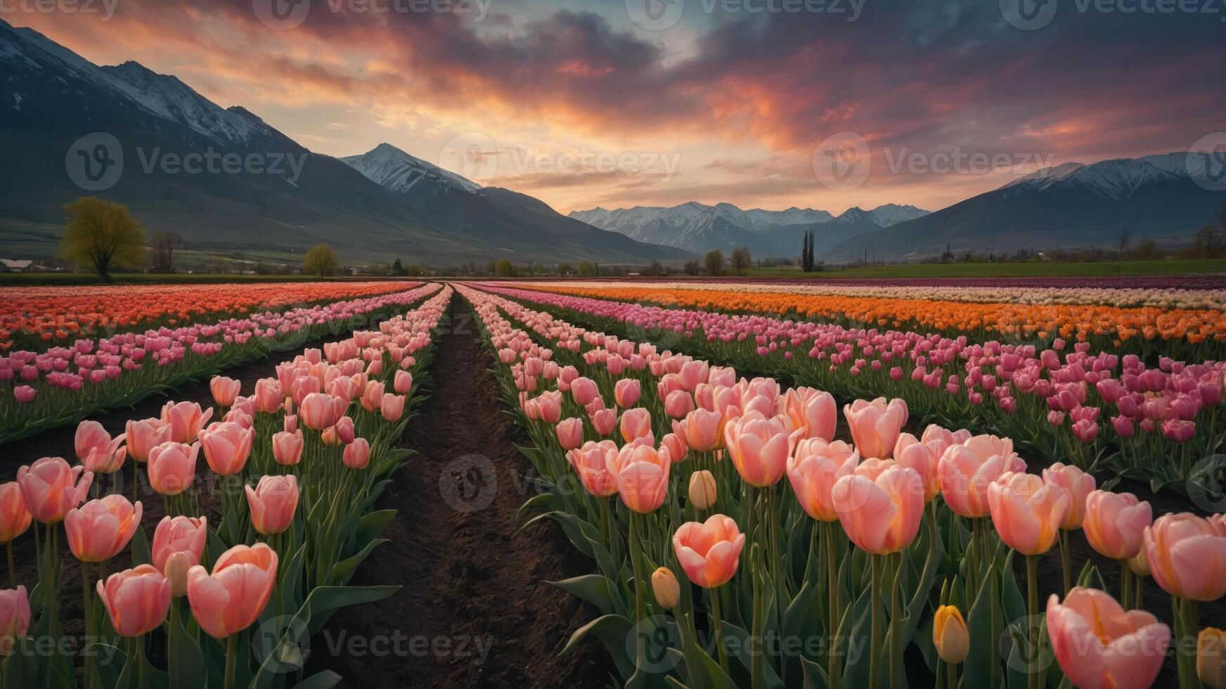 A vibrant field of tulips at sunset, showcasing nature's beauty and tranquility. photo