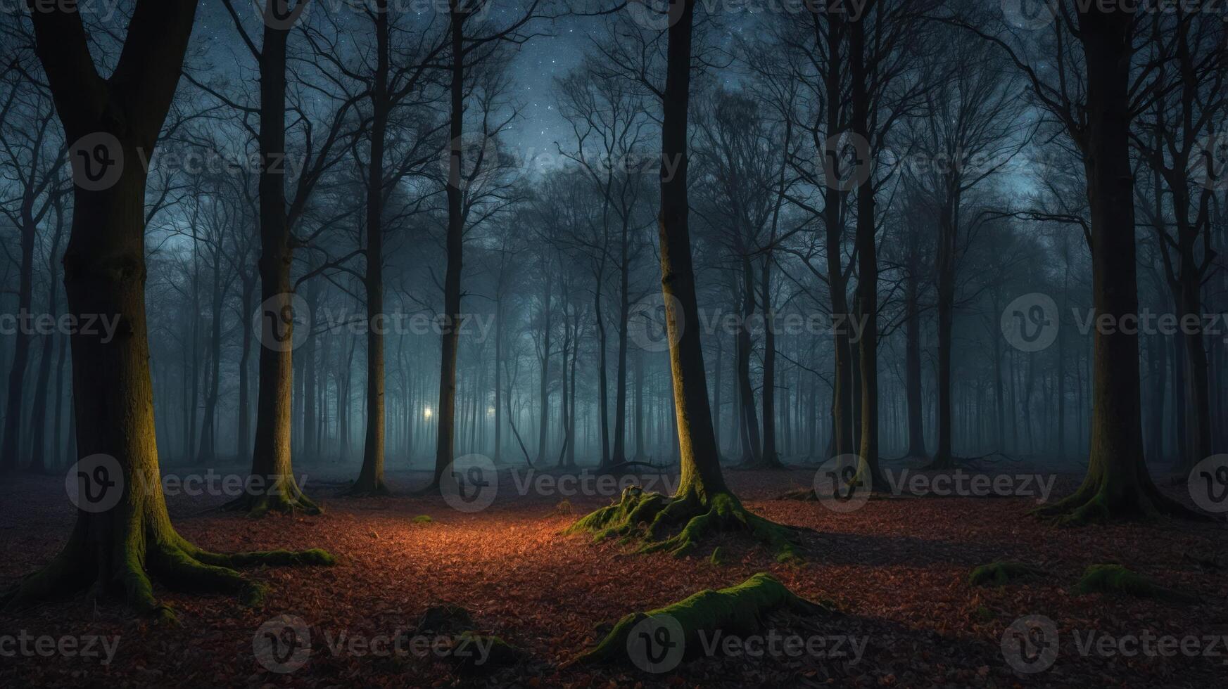 A misty forest scene at night, illuminated by a soft light, creating an eerie yet serene atmosphere. photo