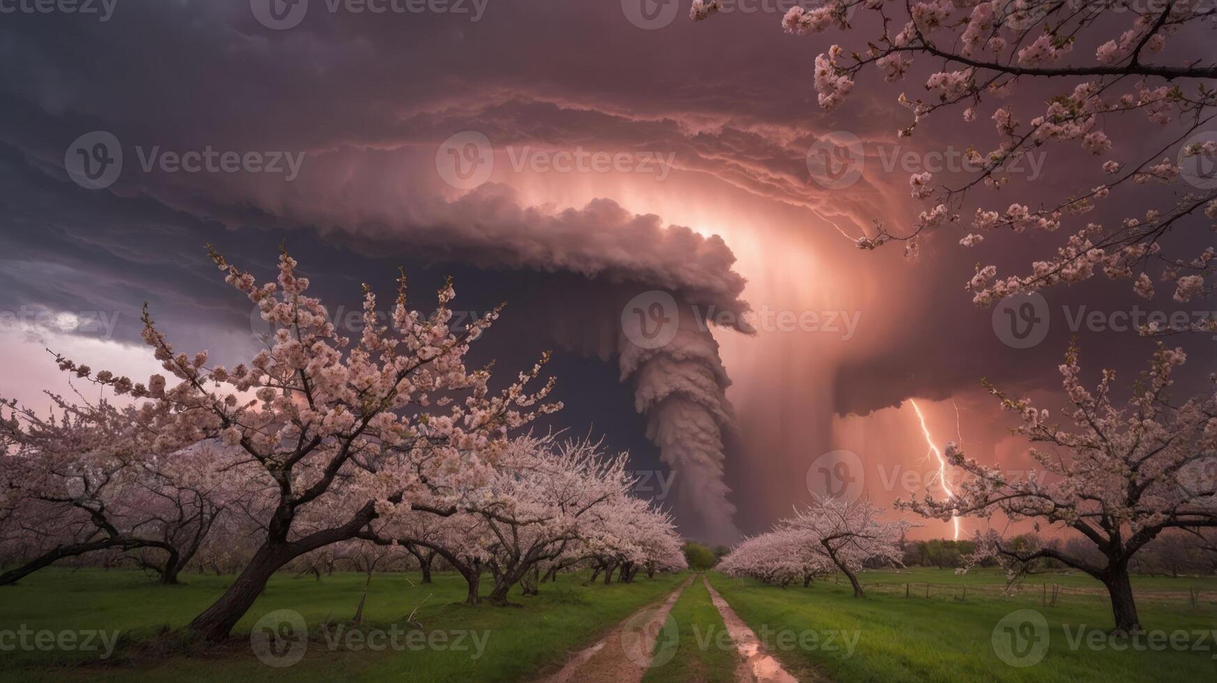 A dramatic storm looms over a blooming orchard, showcasing nature's power and beauty. photo
