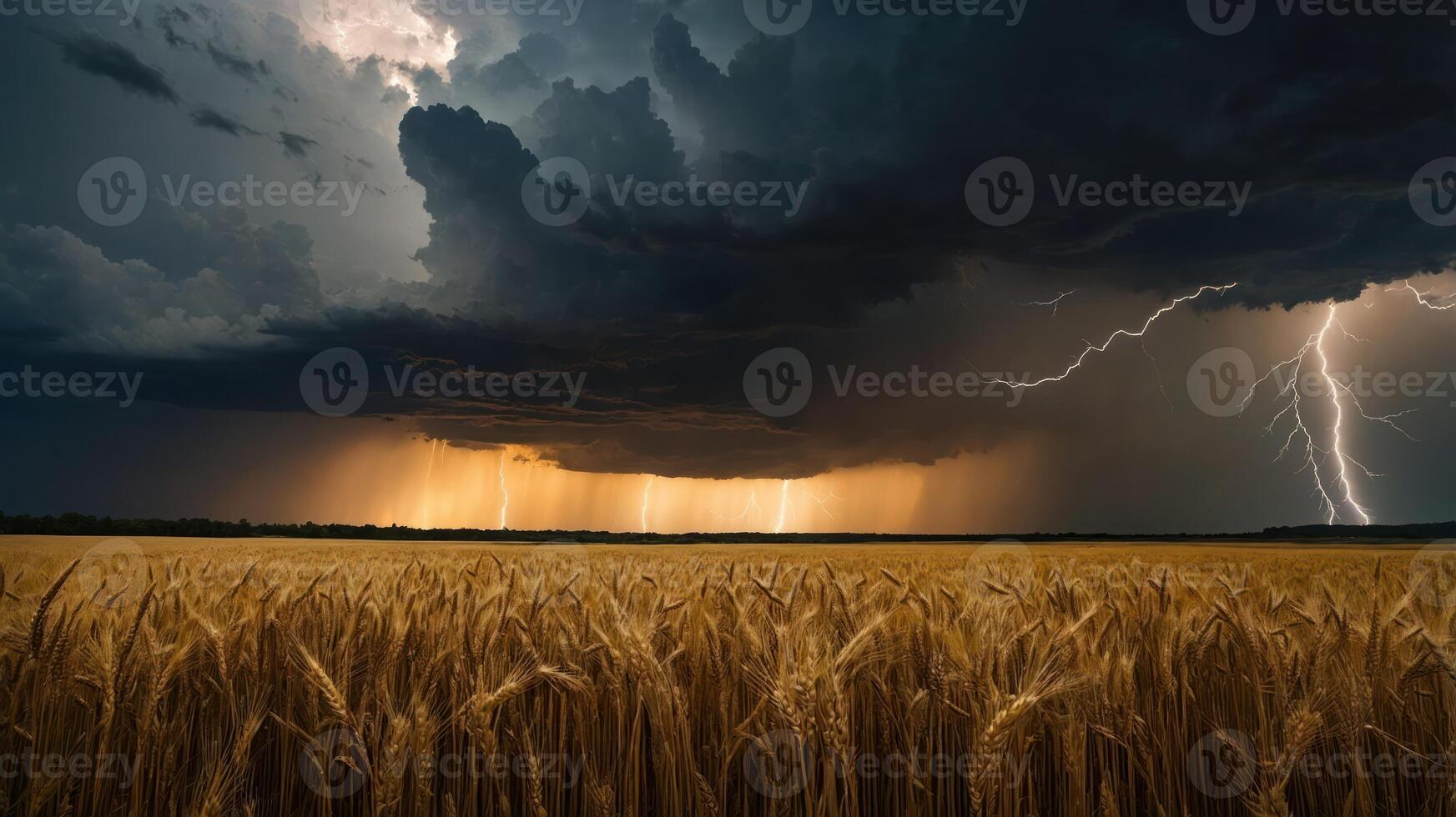 A dramatic thunderstorm over a golden wheat field, illuminated by lightning and dark clouds. photo