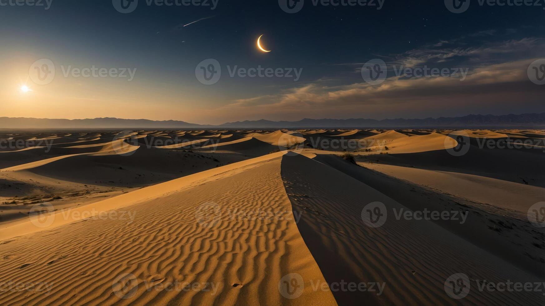 A serene desert landscape at dusk, featuring sand dunes and a crescent moon. photo
