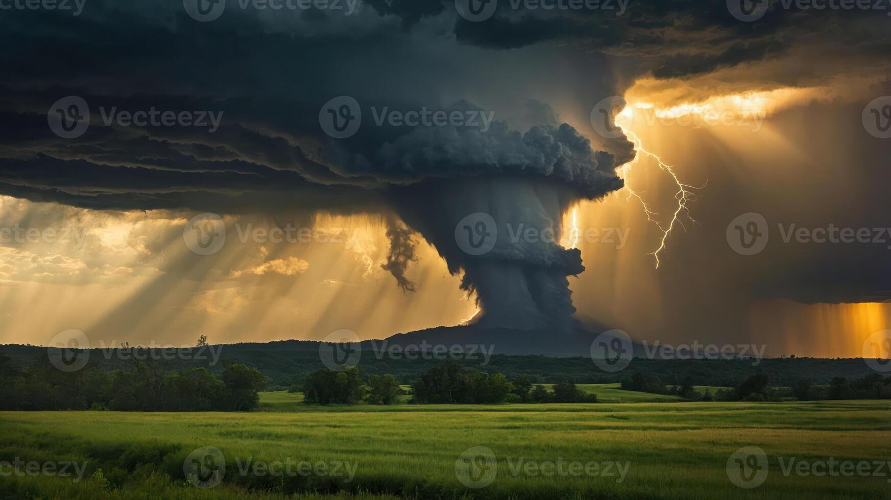 A dramatic storm cloud formation with lightning and sunlight breaking through, showcasing nature's power. photo